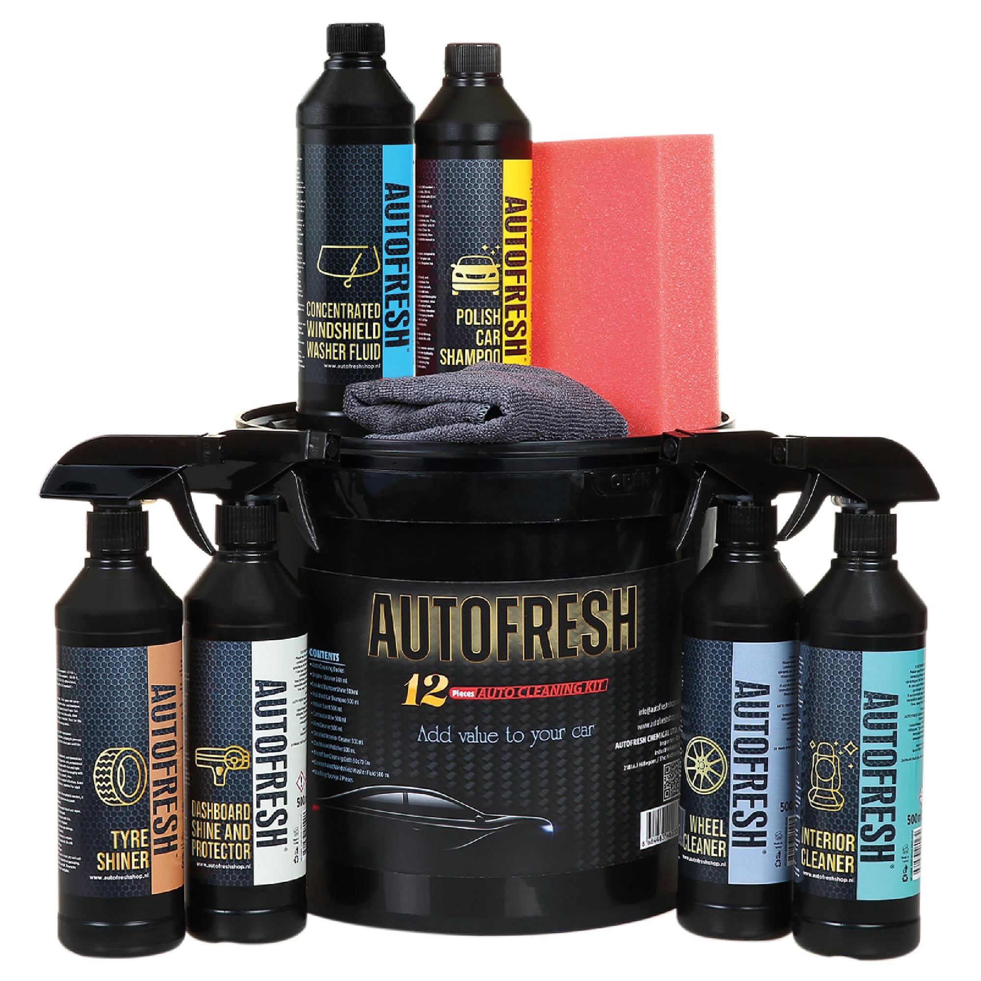 Autopflegeset 9-teilig - Auto Reinigungsset für Innen & Außen - Inkl. Felgenreiniger, Shampoo, Polsterreiniger, Cockpitspray, Reifenglanz, Schwamm & Eimer - Großes KFZ Pflege Set