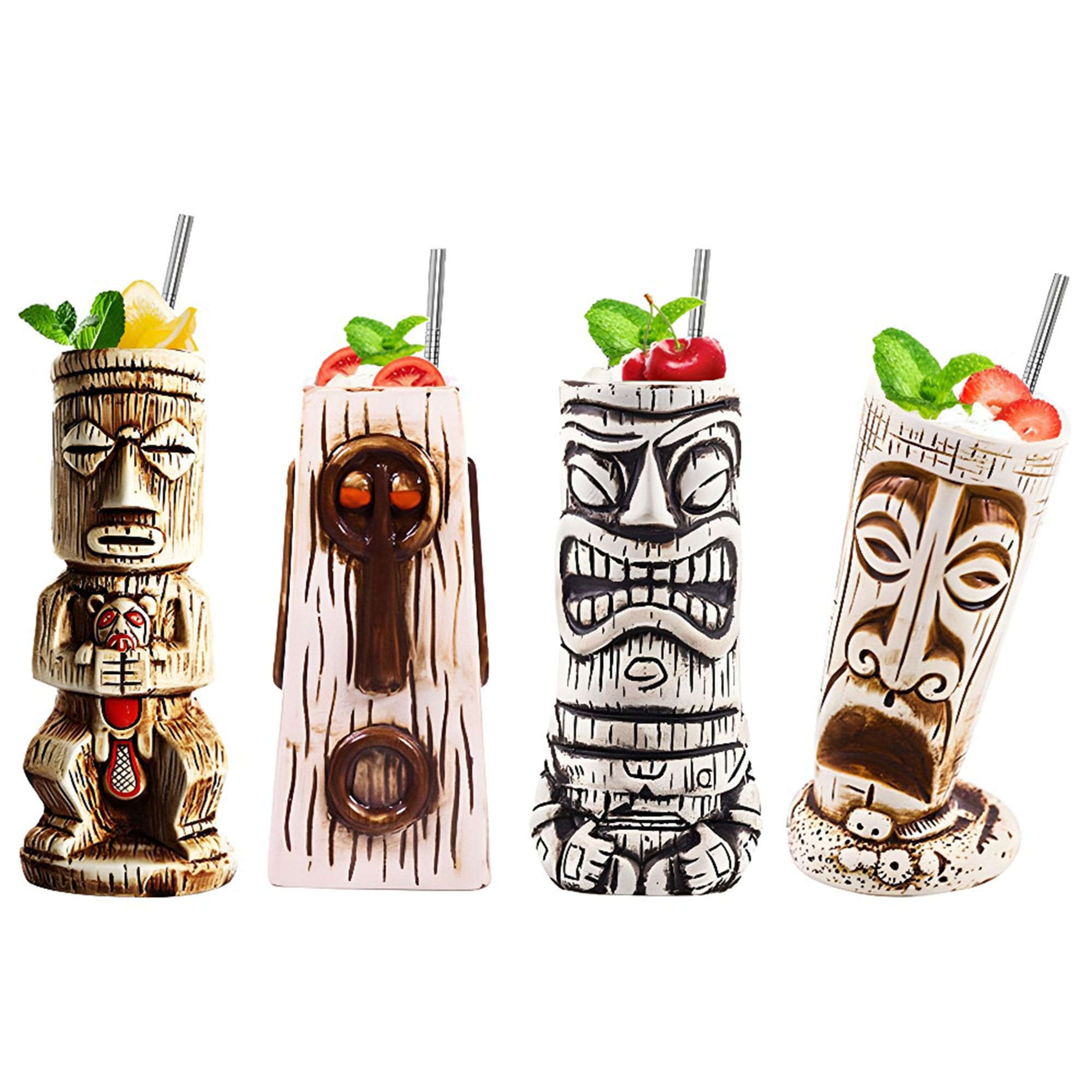 Tiki Mugs Cocktail Set di 4 Tazze Tiki in Ceramica Hawaii Tiki Party Cocktail Creativo Bicchiere da Bar Bicchieri Premium Tropical Exotic,A5