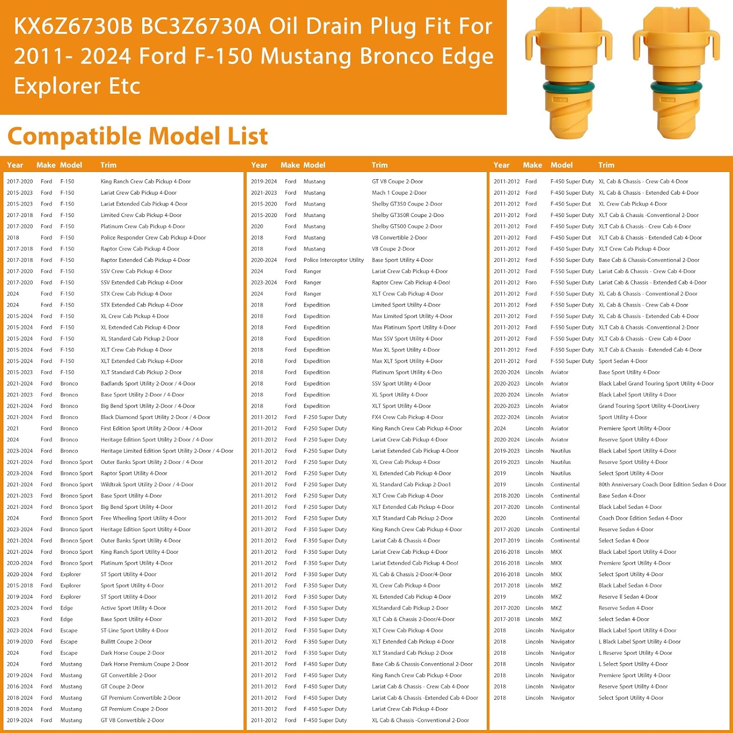 Oil Drain Plug 6 Pack Compatible with Ford F150 Mustang Bronco Edge Lincoln Explorer 2.7, 3.0, 3.5, 5.0 KX6Z6730B KX6Z-6730-B FT4Z-6730-A BC3Z-6730-A