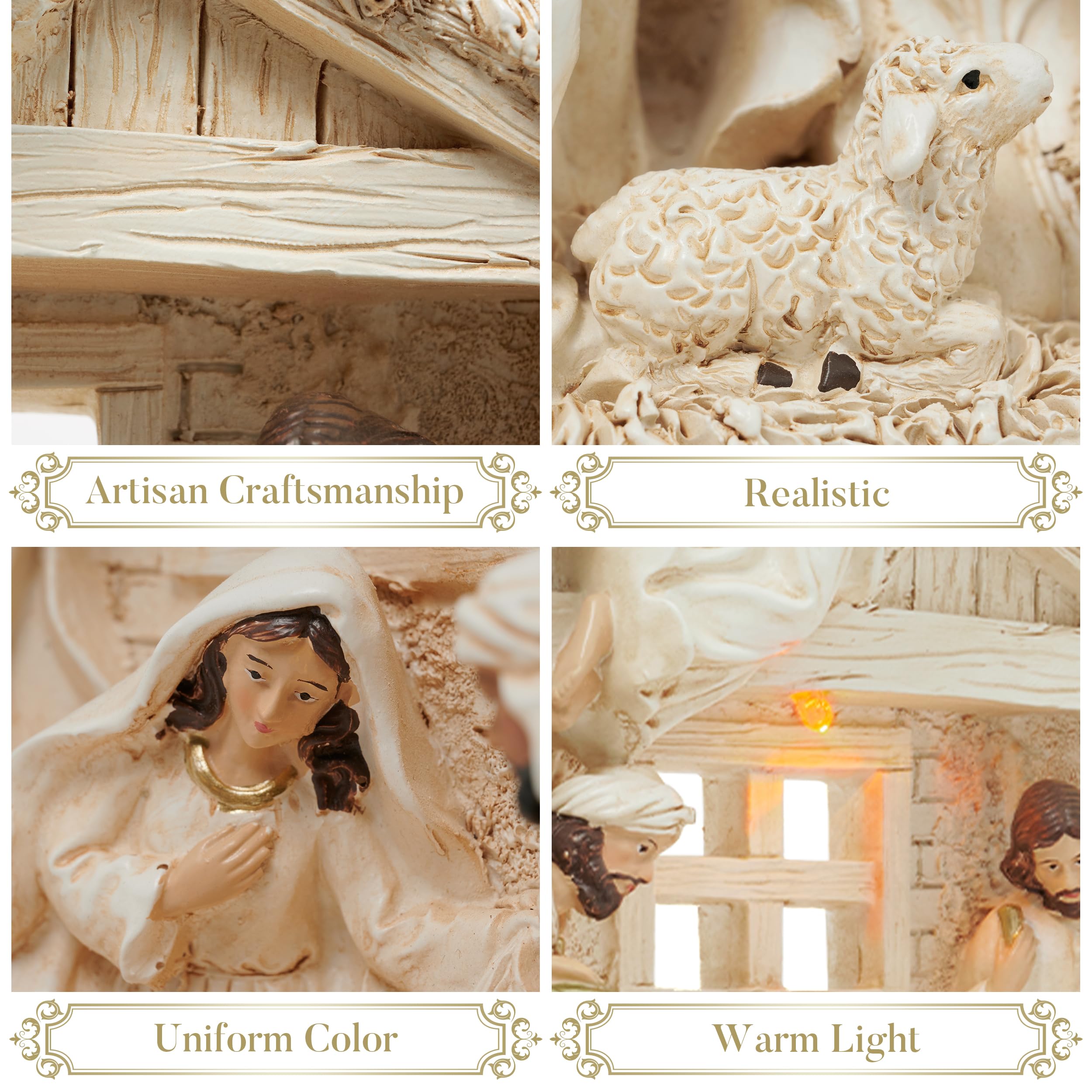 Valery Madelyn Figurines de crèche de Noël avec lumières LED - Grande crèche de Noël en or blanc - Mangeoire en résine pour Noël, intérieur, maison, table, cheminée, décorations de vacances, 27 cm de