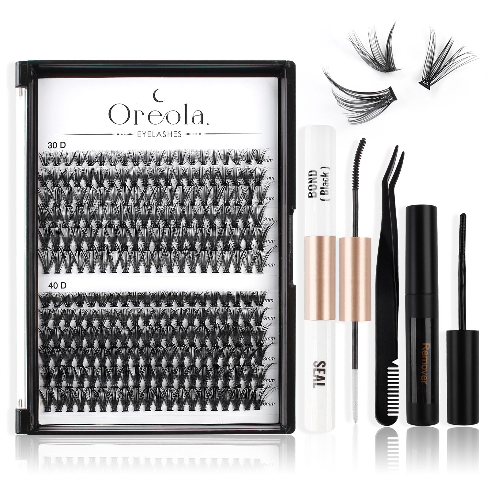 Oreola Wimpernverlängerungsset 240PCS Wimpernbündel mit Bond and Seal, Wimpernapplikator und -entferner, 8-16 mm Einzelwimpern D Curl, gemischt 30D+40D