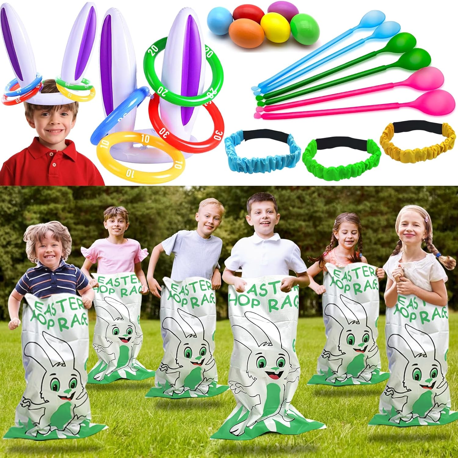 31 Pcs Easter Games Set for 6 Players - 6 Potato Sack Race Bags, Egg & Spoon Race, 3 3-Legged Bands, 2 Bunny Ear Ring Toss - Kids Family Easter Carnival Hunt Party Activities Outdoor Yard School Event