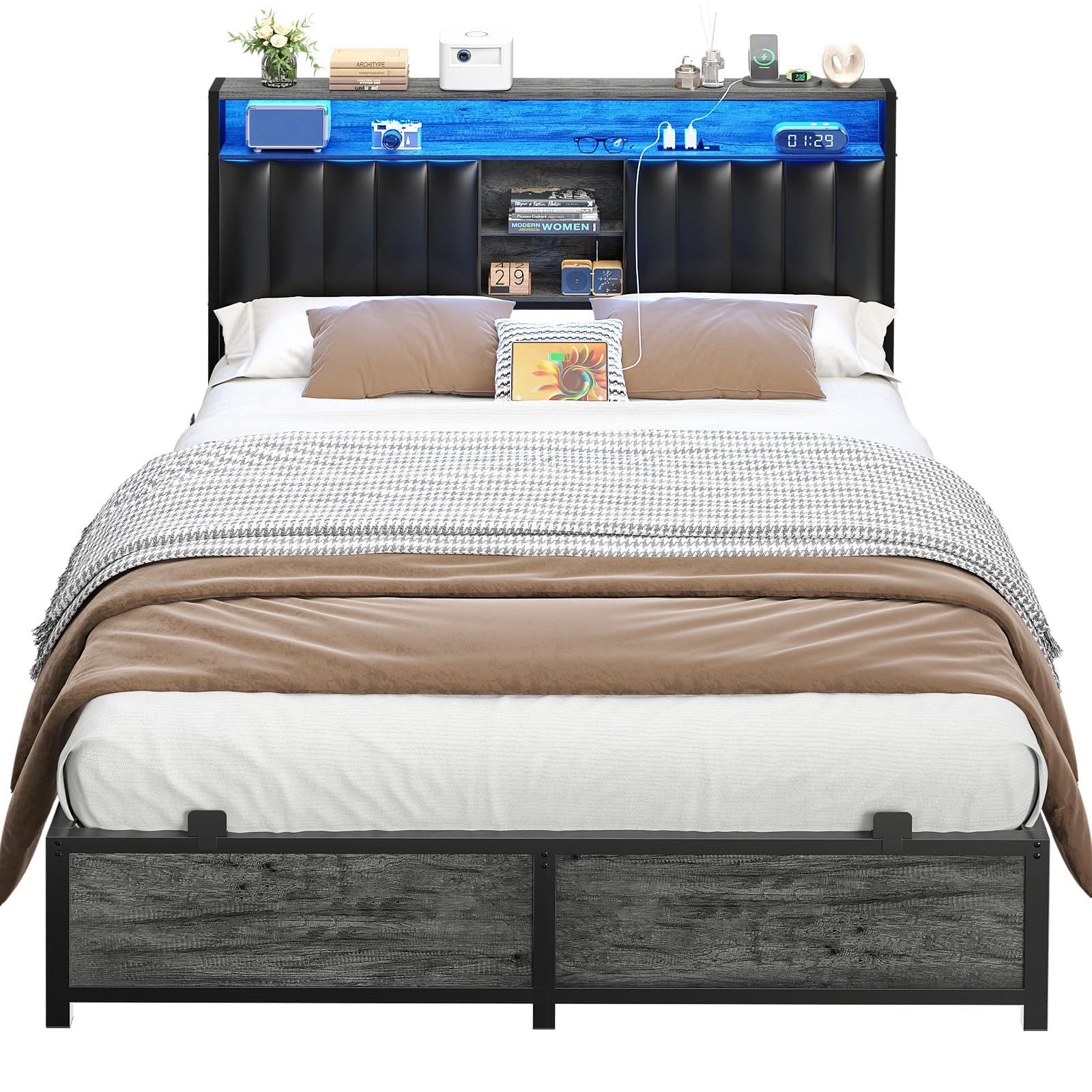 Aheaplus Full Bed Frame with Charging Station & Led Lights, Platform Bed with Leather Upholstered Headboard and Storage, Metal Slats Support, No Box