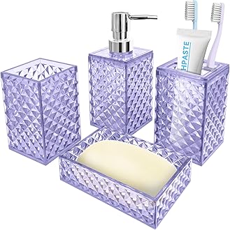 Bathroom Accessory Set, 4 PCS Light Purple Bathroom Accessories Set, Soap Dispenser and Toothbrush Holder Set, Soap Dish and Mouthwash Cup, Boho Bathroom Decor, Bathroom Sets Accessories