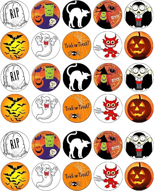 The Cake Decorators Boutique 30 edible Halloween kids childrens party decorations style pre-cut Cupcake Cake Toppers Wafer Rice Paper, 4.2cm