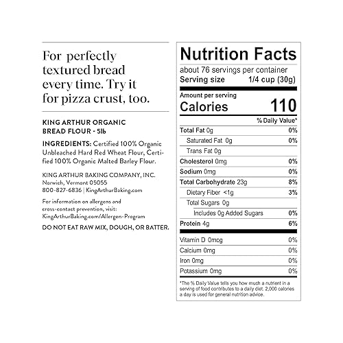 Miniatura 2 de King Arthur Harina de pan sin blanquear orgánica - Alta en proteínas 12.7% para panes leudados esponjosos, sin OMG, Certificado Kosher - Harina de