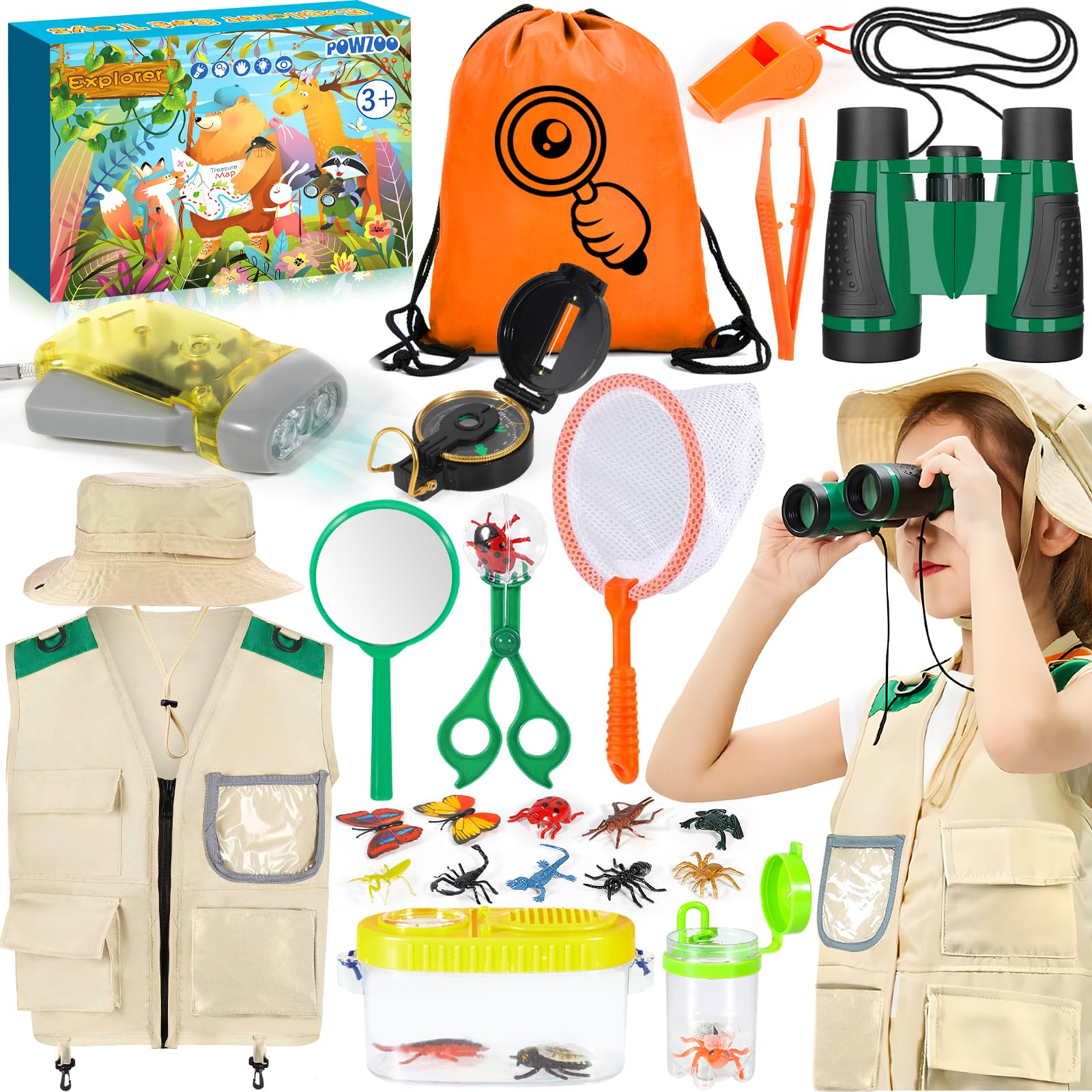 21 Pezzi Set da Esploratore per Bambini,con Gilet,Cappelli, binocolo,Bussola,Lente d'Ingrandimento e Altro,Fantastico Regalo per l'esplorazione della Natura e l'avventura per i Bambini.