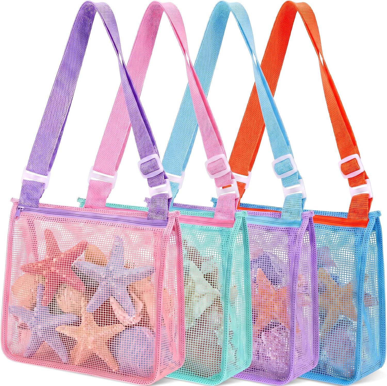 Frienda 4 Pcs Mesh Beach Bag Beach Seashell Bag Shell Collecting Sand Toy Totes Colorful Swimming Accessories Storage Pouch with Adjustable Carrying Straps for Men and Women (Colors E)