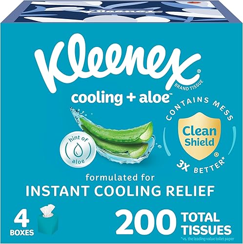 Kleenex Pañuelos faciales refrescantes y aloe, 4 cajas de cubos, 50 pañuelos por caja, 2 capas