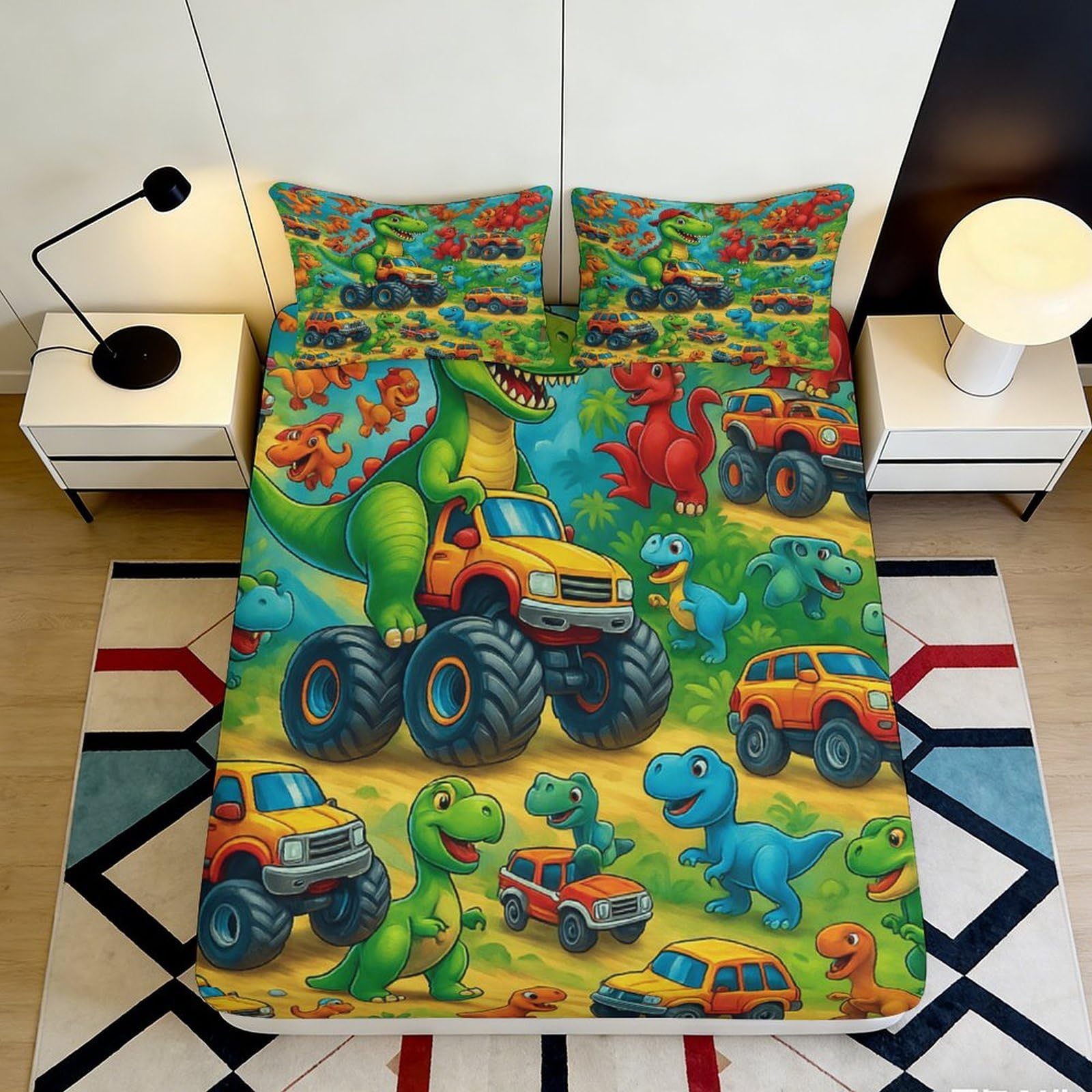 3D Printed Dinosaur Monster Truck Fitted Sheet Microfiber Soft Durable Kids Bed Cover with Cartoon Design for Bedroom Dormitory Guest Room 180x200x25cm