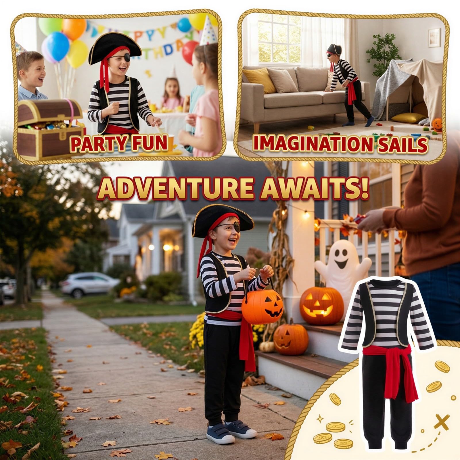 Costume da pirata per ragazzi, completo con camicia a righe e tuta, include copertura per gli occhi, per Halloween, feste di ruolo