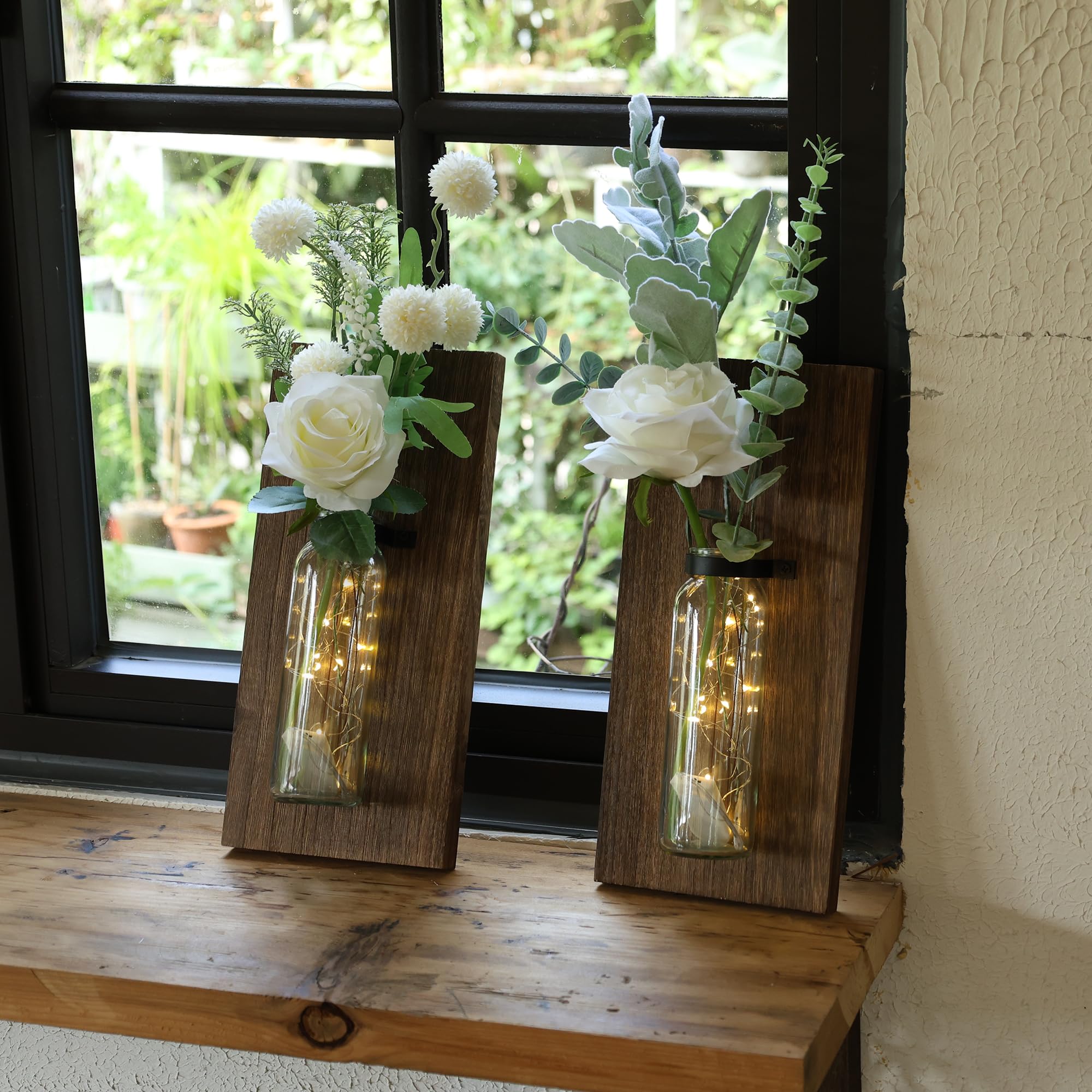 Heiple 2 Pack Wood Glass Wall Sconces, Farmhouse Planters for Indoor Plants, Rustic Decor for Living Room, Hanging Vase (Brown)