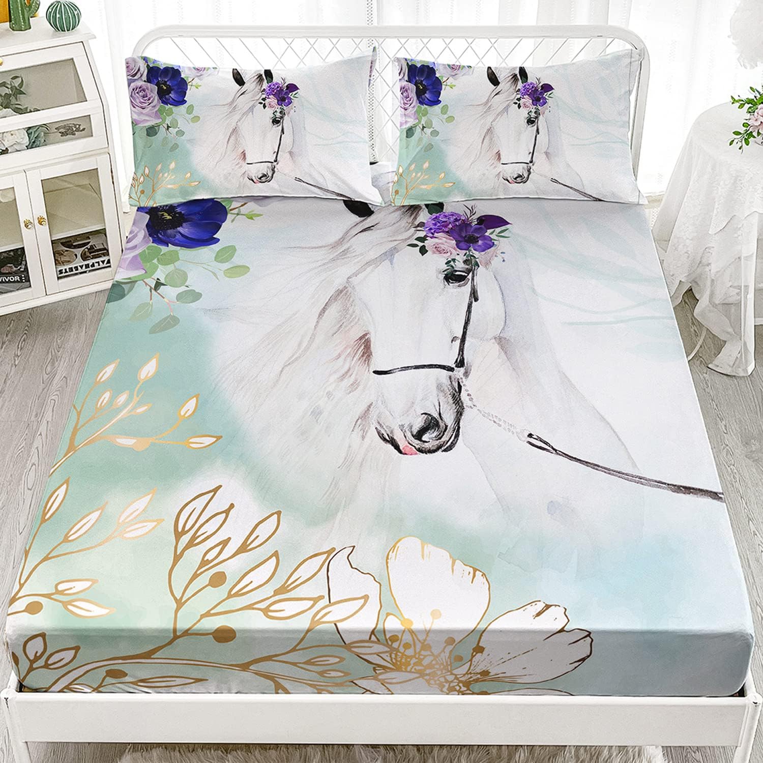 XYNHML Kids Horse Sheet Set Galloping Horse Printed Fitted