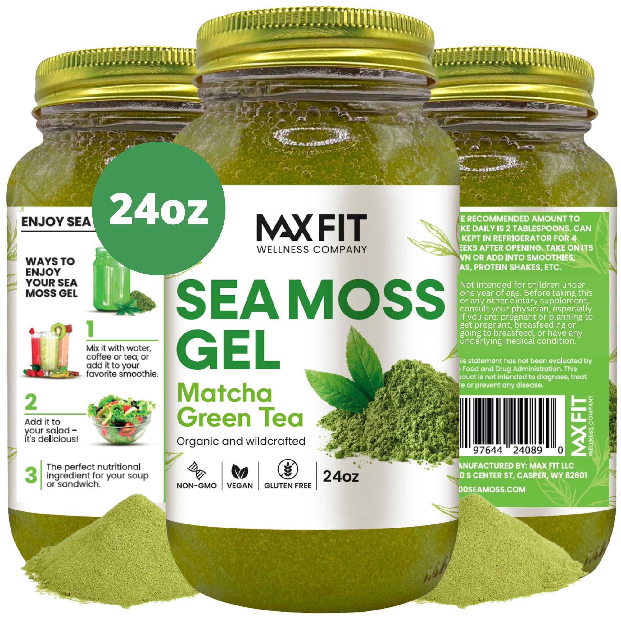 Sea Moss Gel Matcha Green Tea 24oz Wildсrafted Gold Sea Moss Gel from Saint Lucia | 92 Vitamins and Minerals | Pure Raw+Non-GMO