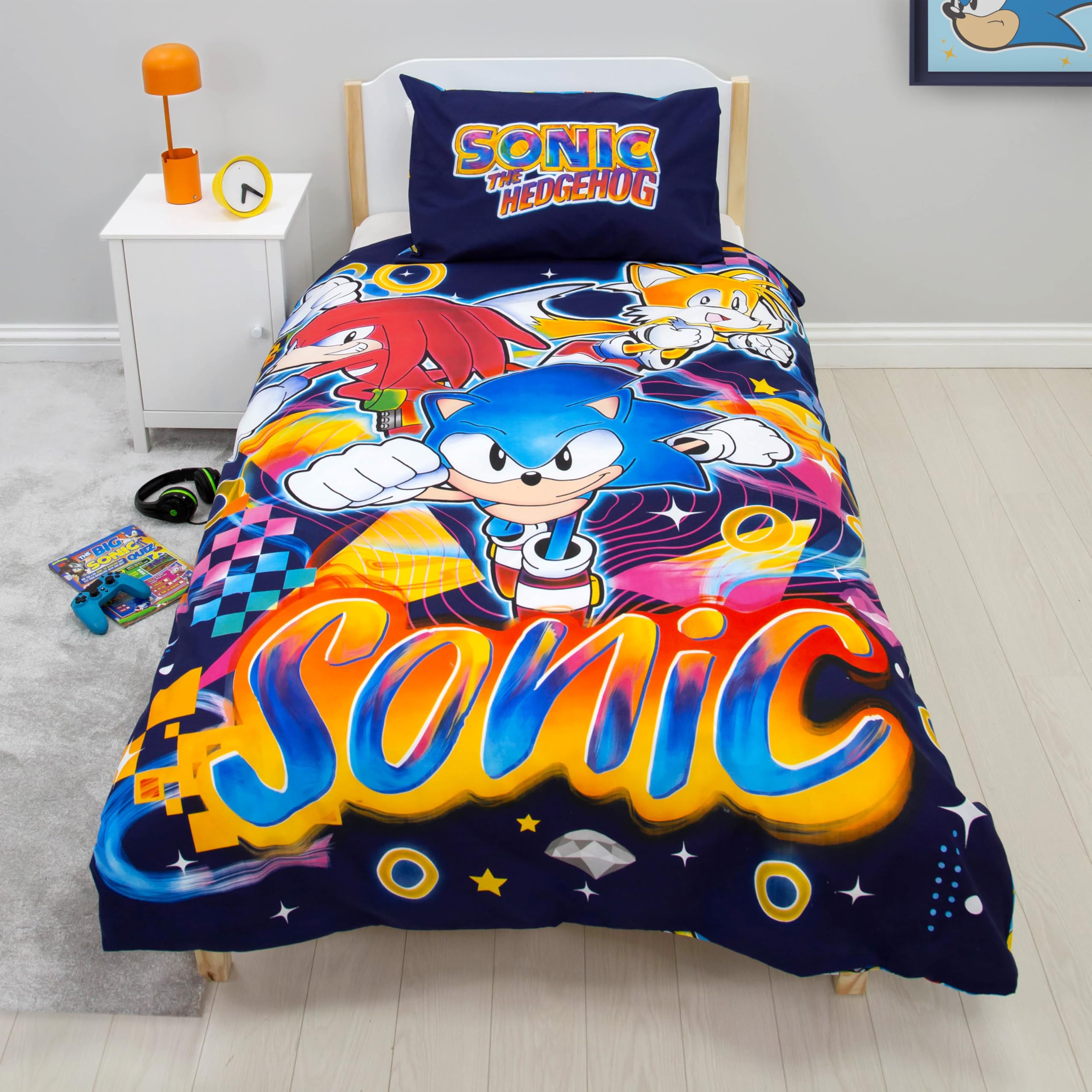 Set copripiumino singolo con licenza ufficiale Sonic the Hedgehog, double-face, double-face, con code e nocche, con federa coordinata, perfetto per la camera dei bambini