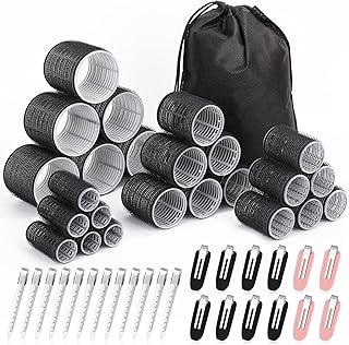 Premify Hair Rollers Set 4 Sizes/50 Pcs with Self Grip Hair Curlers Rollers, 24 Pcs Hair Clips for Blowout Look Long Medium Short Thick Hair Volume (Black)