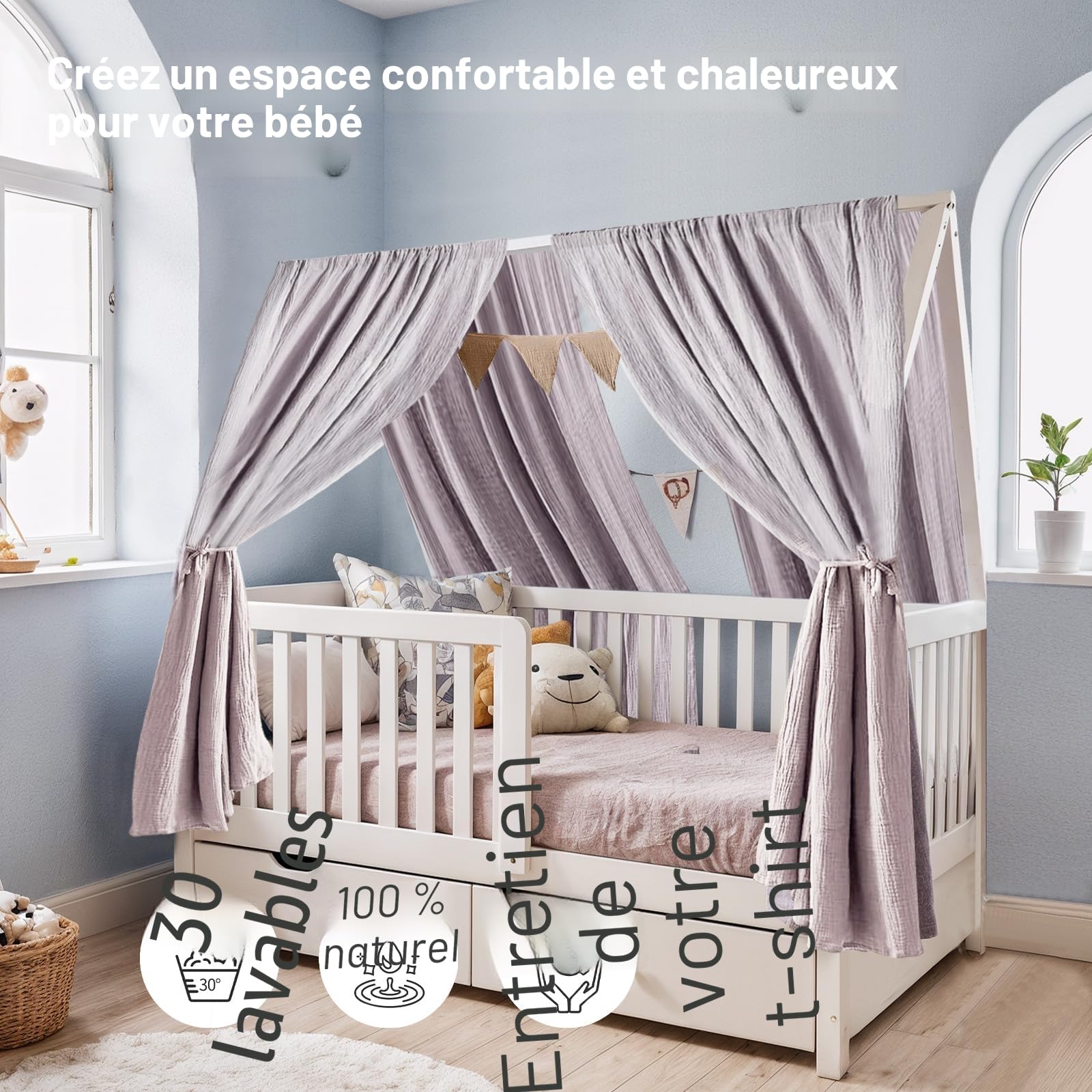 Lot de 2 baldaquins de lit faits à la main en mousseline 100 % coton pour décoration de lit pour fille et garçon (65 x 270 cm, beige clair)
