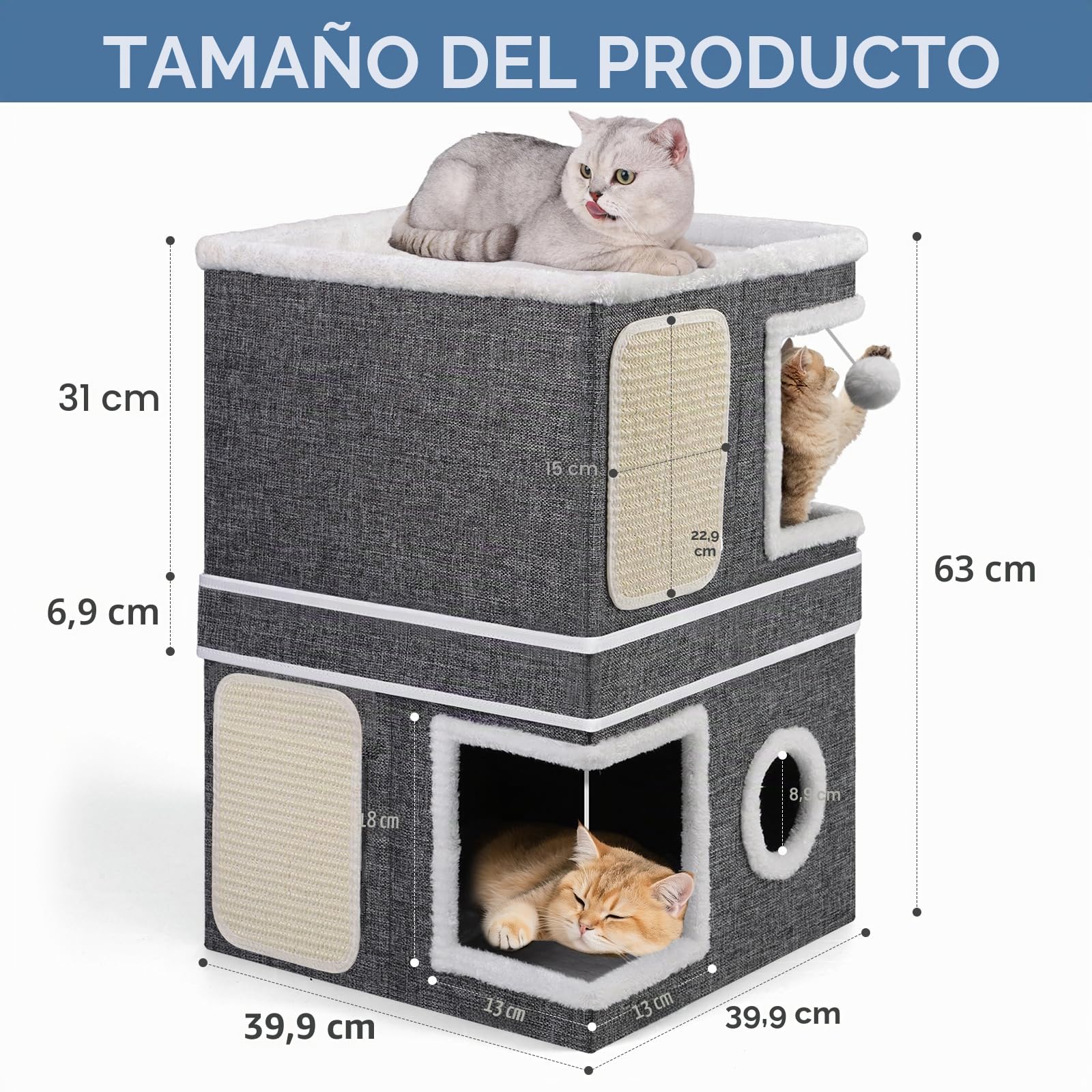 Casa para gatos de 3 capas, cueva plegable para gatos grandes, 40 x 40 x 63 cm, cubo interior para gatos, divisible en 2 grandes cuevas para gatos con escondite para gatos, cama grande para gatos con