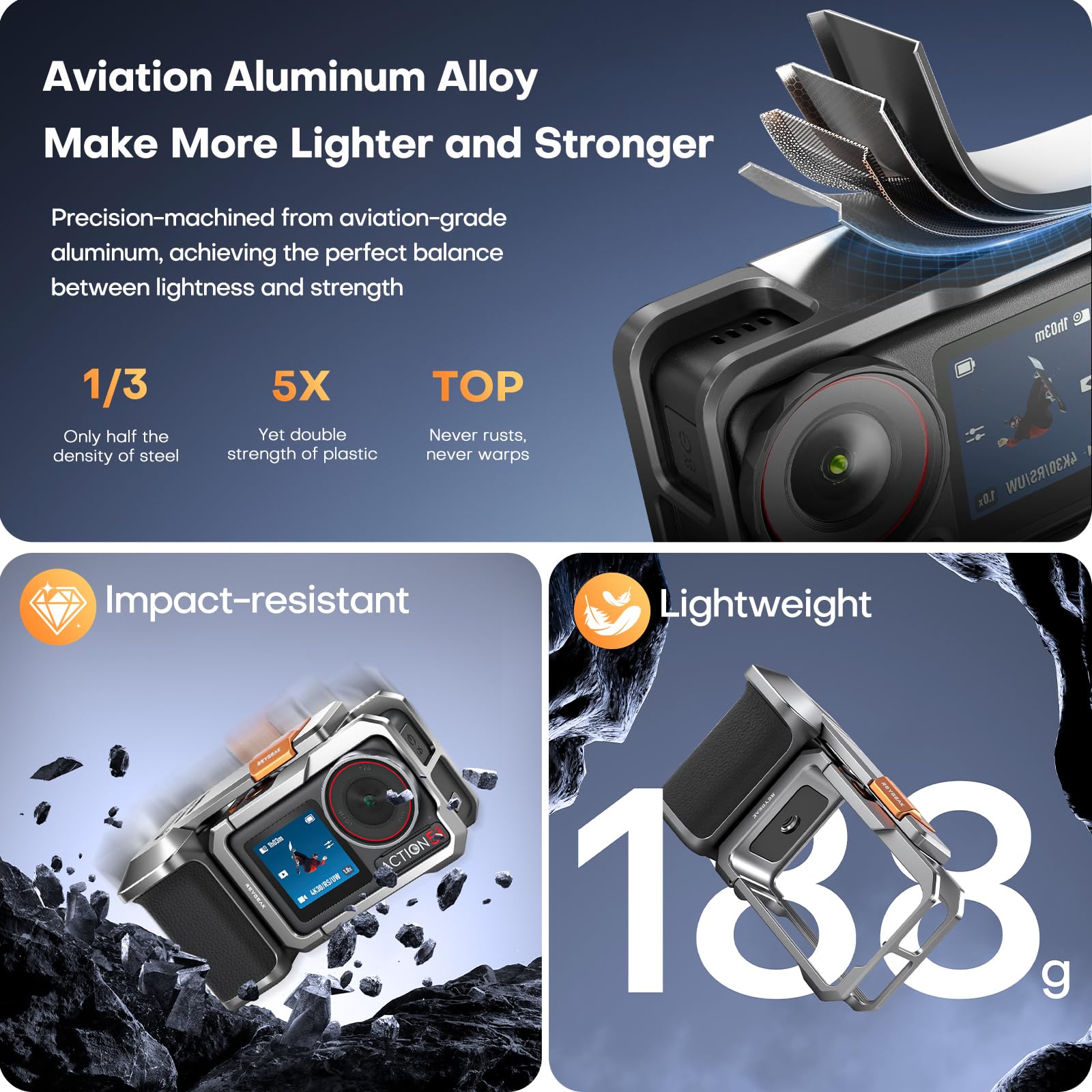 REYGEAK Uchwyt magnetyczny do kamery ulicznej do DJI Osmo Action 5 Pro/Action 4/Action 3, w całości z aluminium CNC rzeźbiony zestaw uchwytów do Osmo Action (tytanowy szary + pomarańczowy)