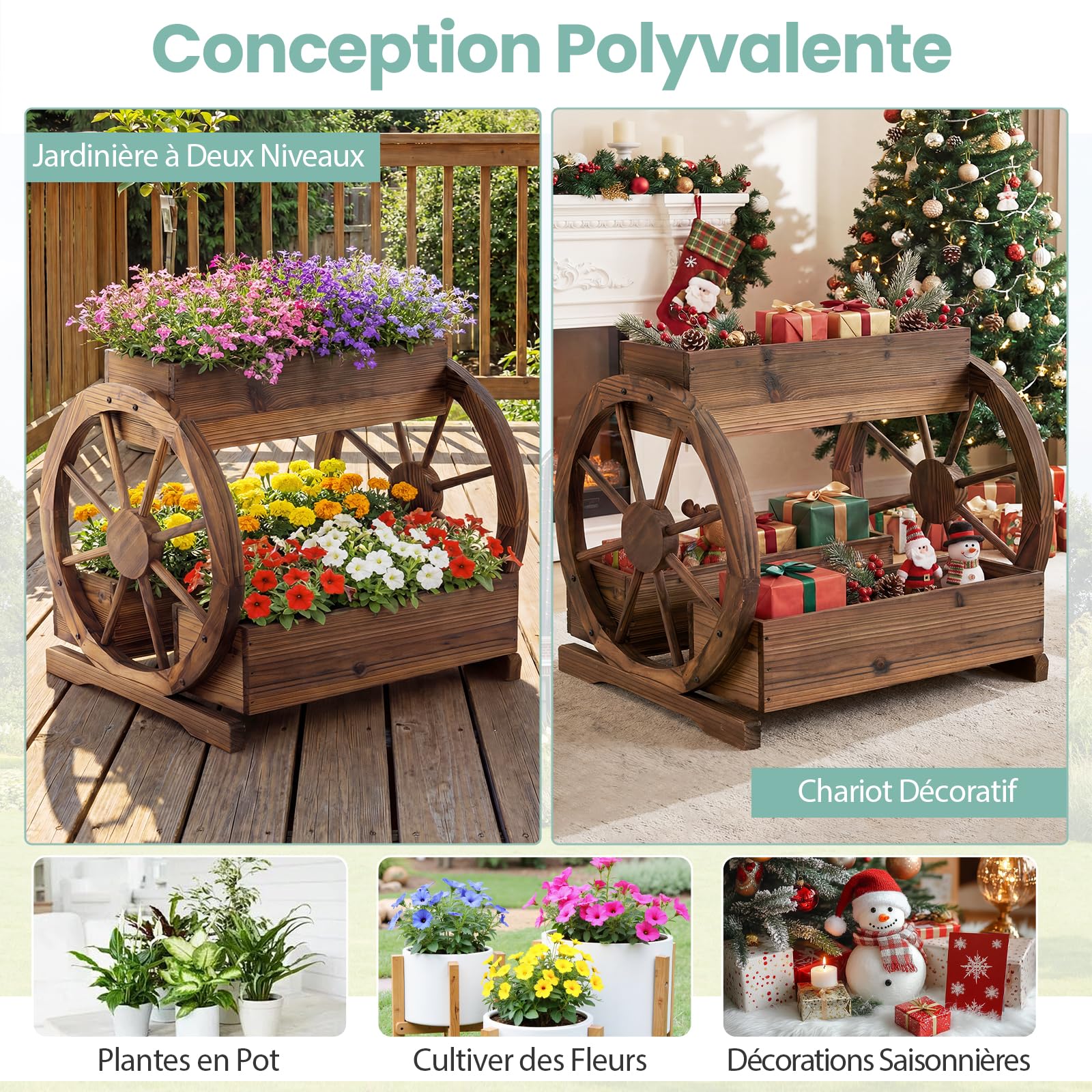 COSTWAY Jardinière Surélevée à 2 Niveaux, 3 Bacs à Plantes en Bois en Forme de Chariot avec Trous de Drainage et Roues, Lit de Jardin Pots de Fleurs pour Patio Balcon, 61,5 x 55 x 62 cm