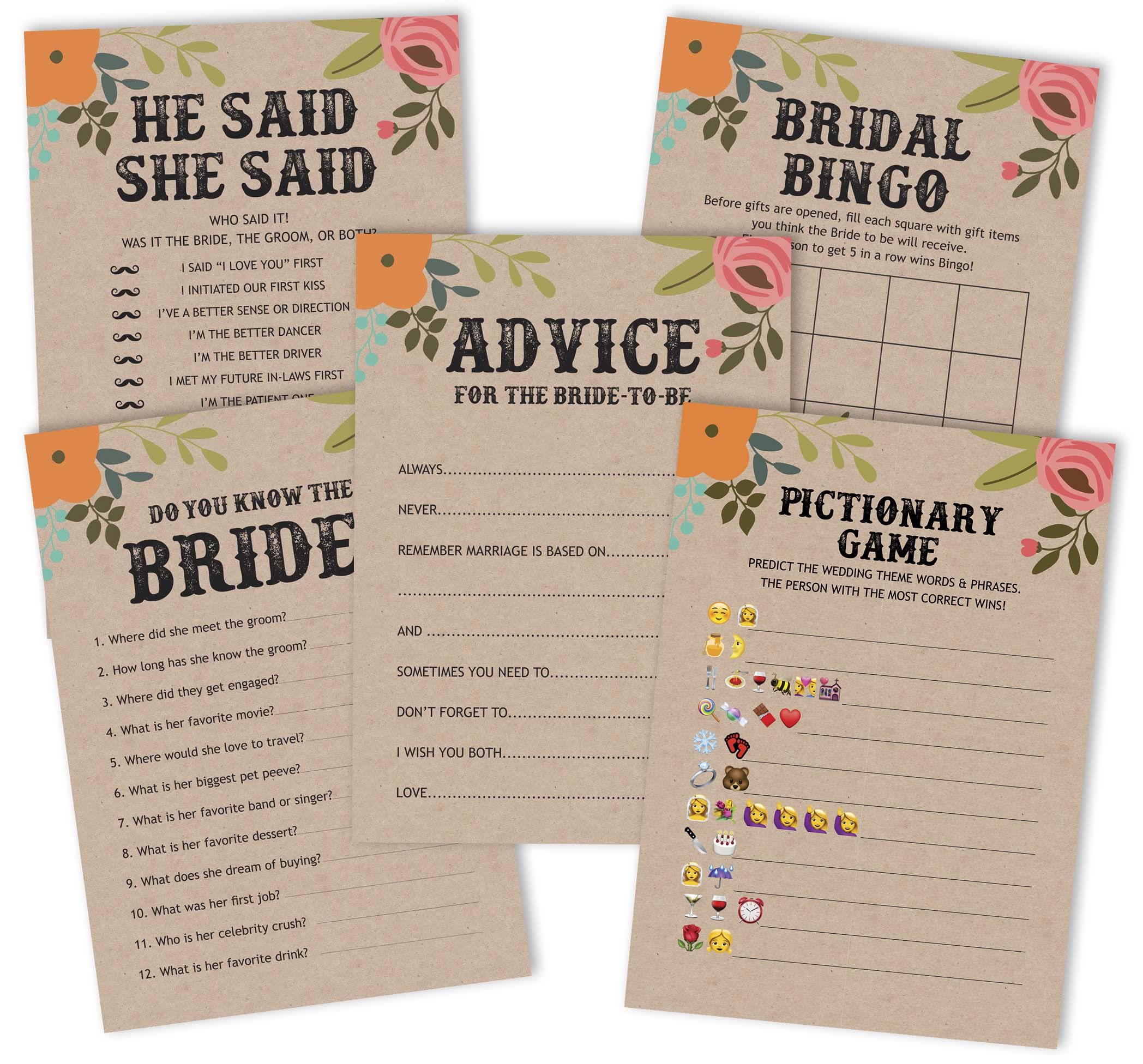 Amazon.com: INKDOTPOT Bachelorette Party Games Set Bundle of 5 (Activities  for 50 Guests) Rustic Kraft Floral Theme Fun Bridal Shower Games Set : Home  & Kitchen