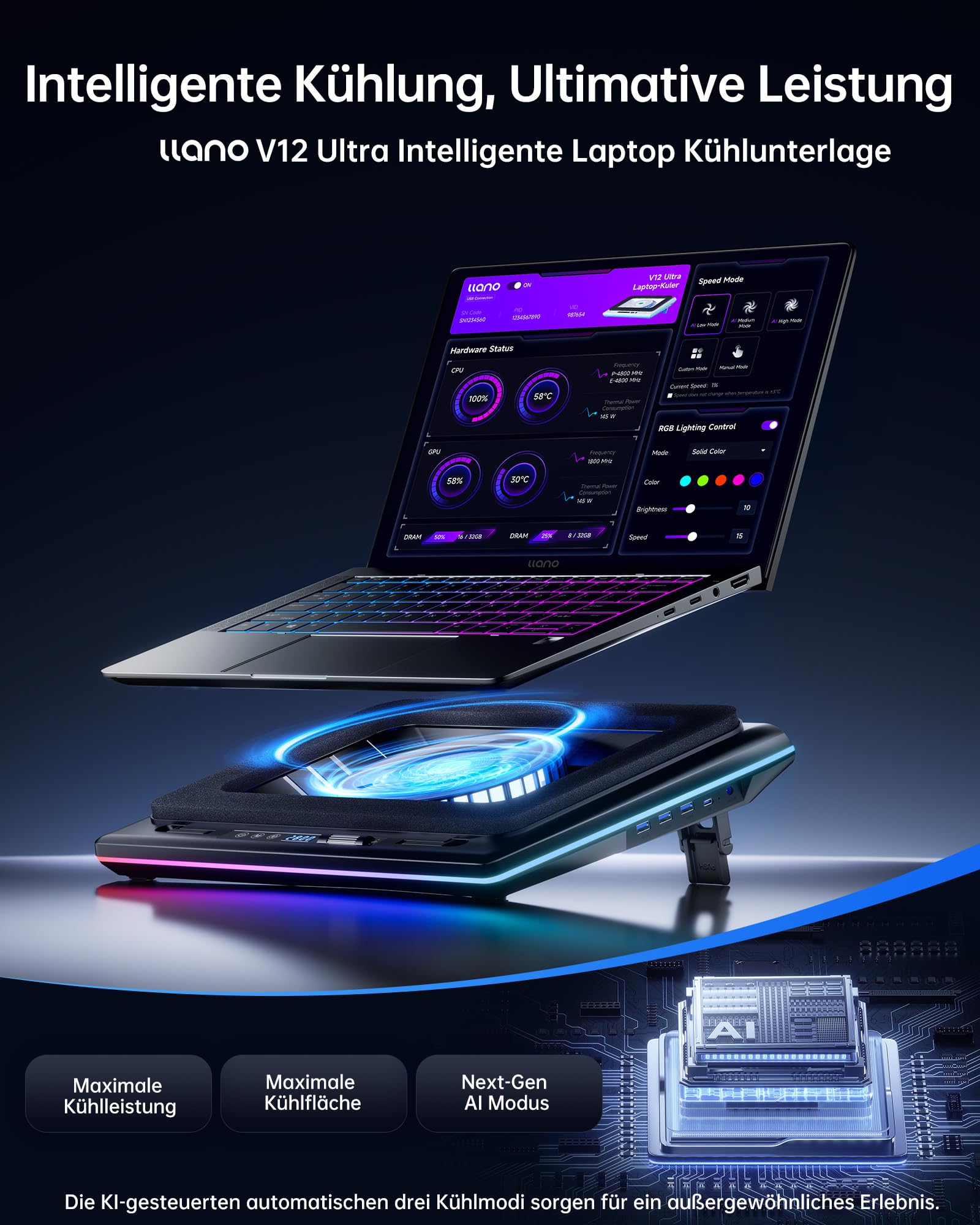 llano V12 Ultra Laptop Cooler Kühlpad mit intelligenter Softwaresteuerung, RGB Gaming Laptop Kühler intelligente Temperaturregelung 5,5 Zoll Turbo Lüfter, 3*USB 3,0 Anschlüsse für 15,6-19 Zoll Laptops