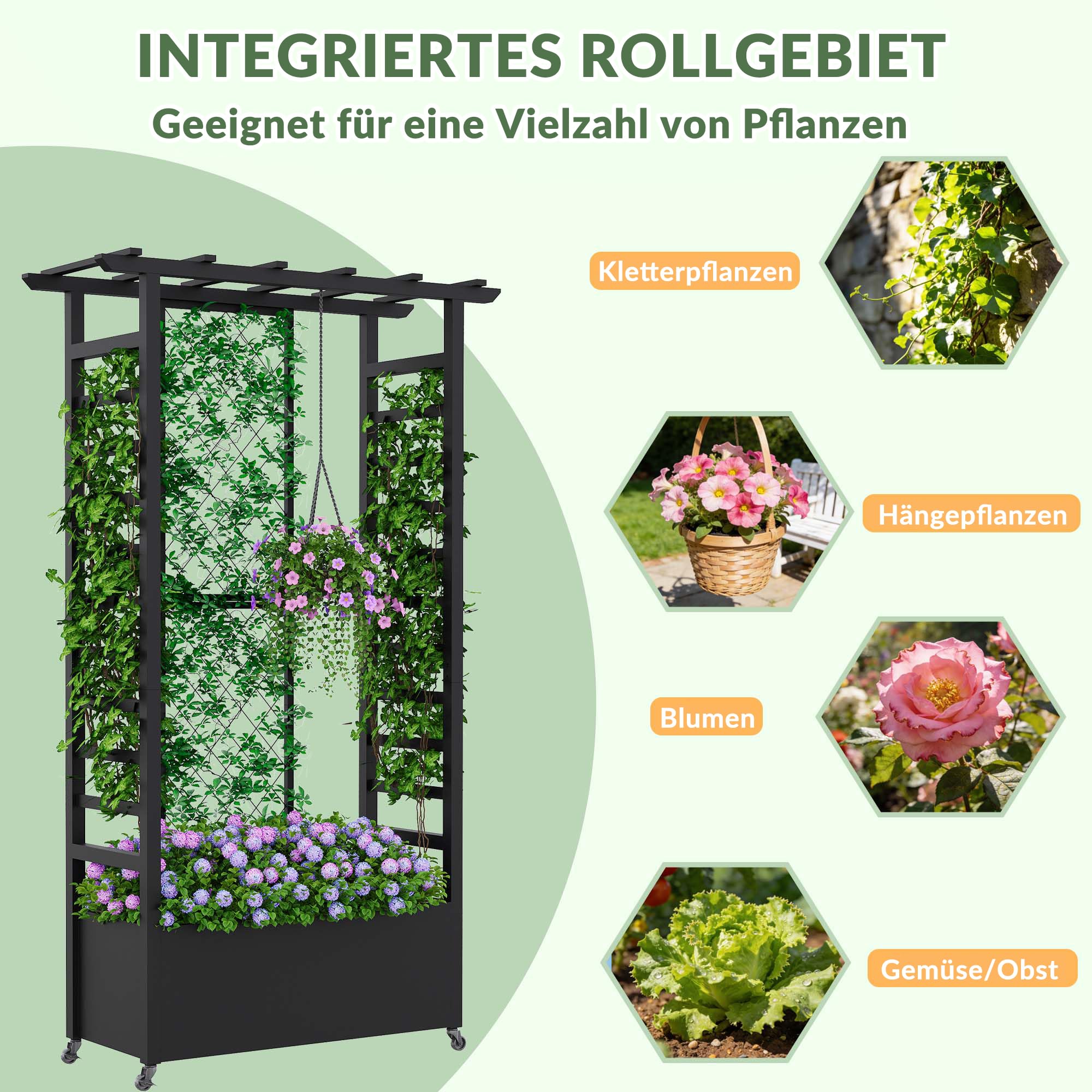 Hochbeet mit Rankgitter und Hängedach, wetterfester Metall-Pflanzkasten mit 4 Rollen und 2 seitlichen Rankgittern für Kletterpflanzen, mobiler Sichtschutz für Terrasse, Balkon und Garten