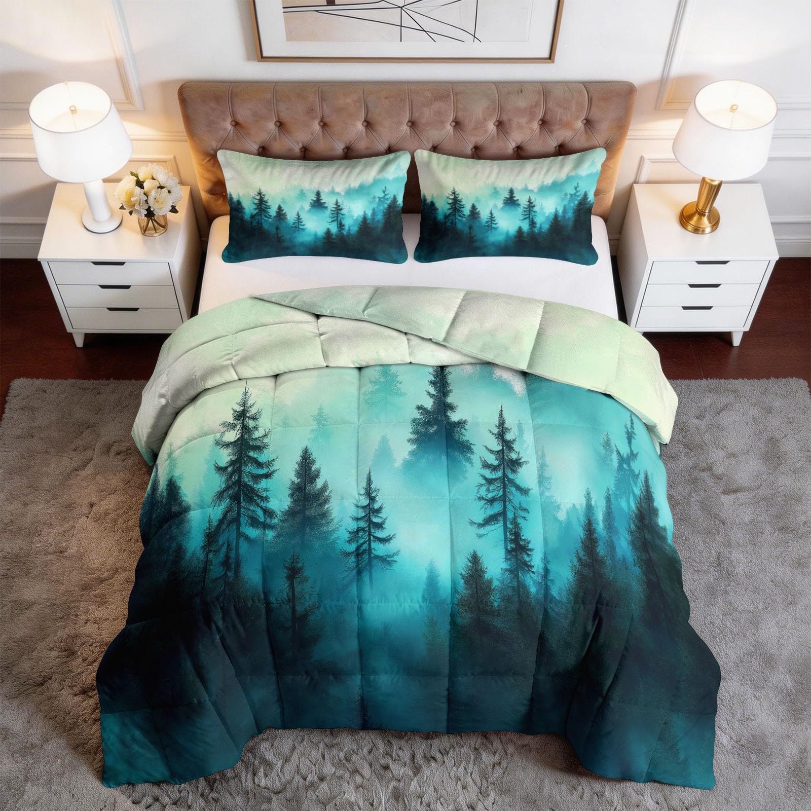 Zimowa kołdra 140 x 200 cm krajobraz natura las gęsta mgła kołdra z poliuretanu o gramaturze 400 g/m², ciepła i elegancka, antyalergiczna i oddychająca pościel 3-częściowy, niebieska