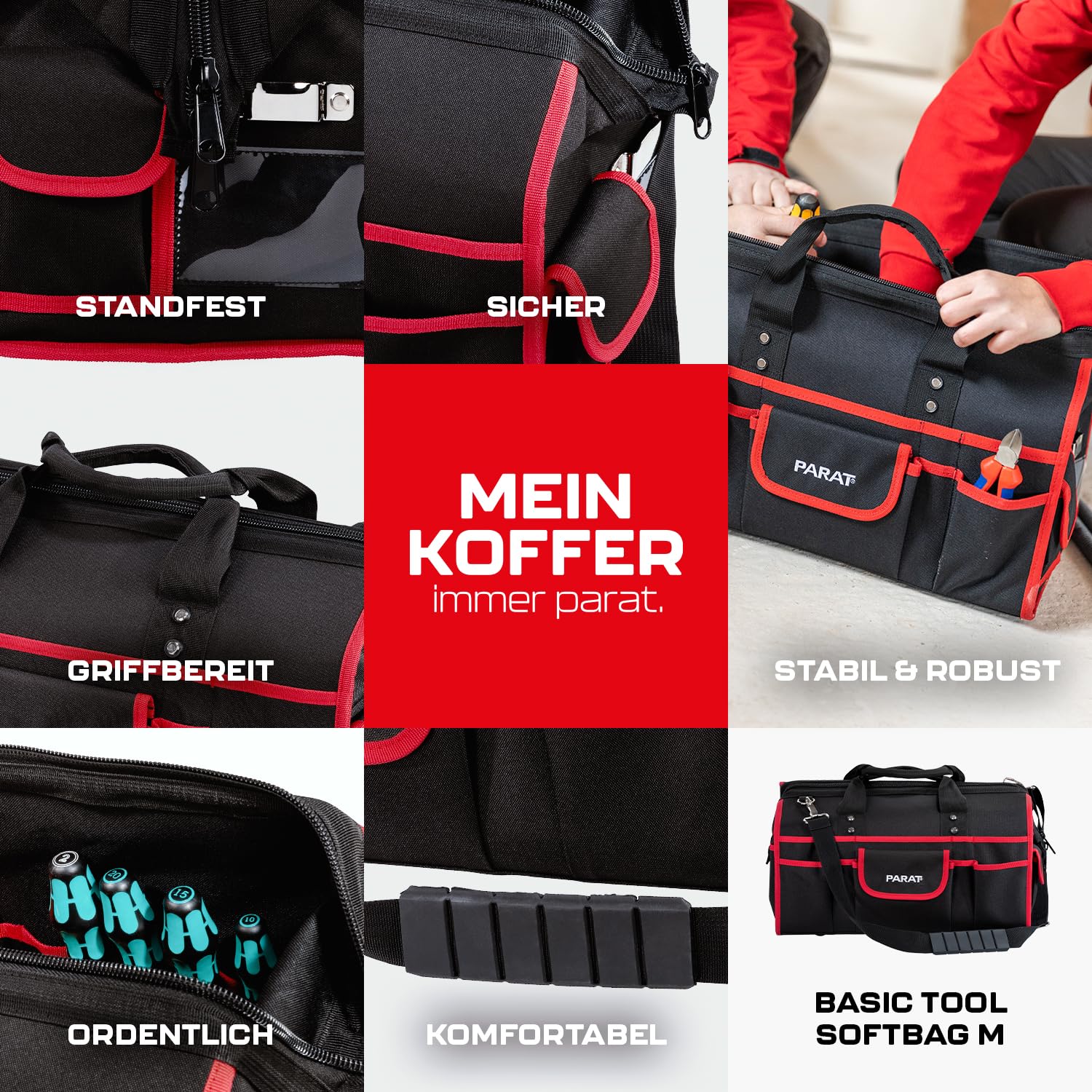 PARAT Basic Tool Softbag M | Borsa per attrezzi con volume di 25 l e 33 scomparti per attrezzi, robusta borsa per attrezzi in nylon con tracolla e maniglie, borsa per attrezzi professionale per