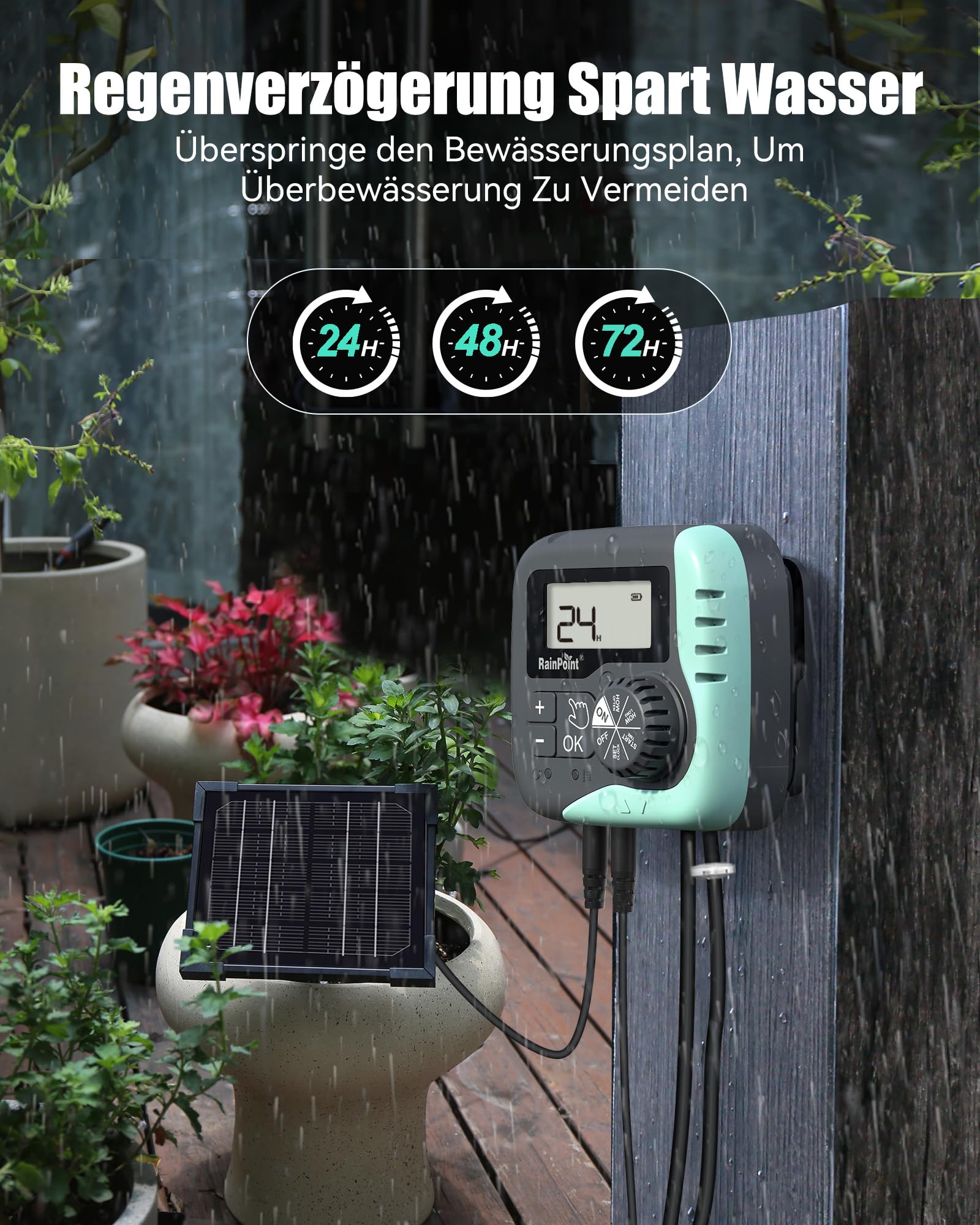 RAINPOINT Kit de Riego por Goteo Automático Solar, Sistema de Riego Automático de 45L/H con Bomba Programable, Batería de 2600mAh, para Macetas Vacaciones, Balcón, Jardín