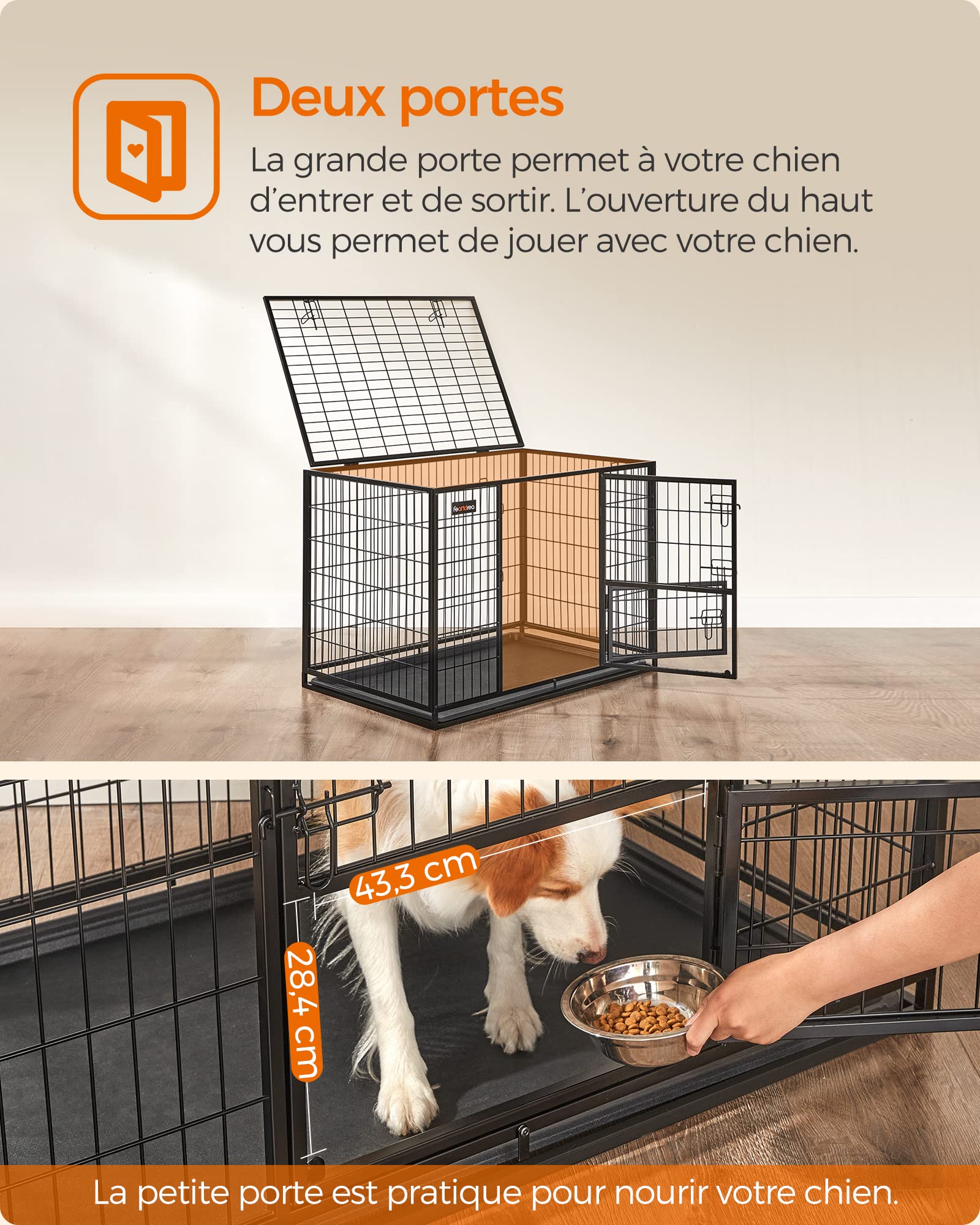 Feandrea Cage pour Chien Lourd, 107 x 70 x 75 cm, pour Chiens Moyens et Grands, Anti-évasion, Double Porte Amovible, XL, Noir PPD001B01
