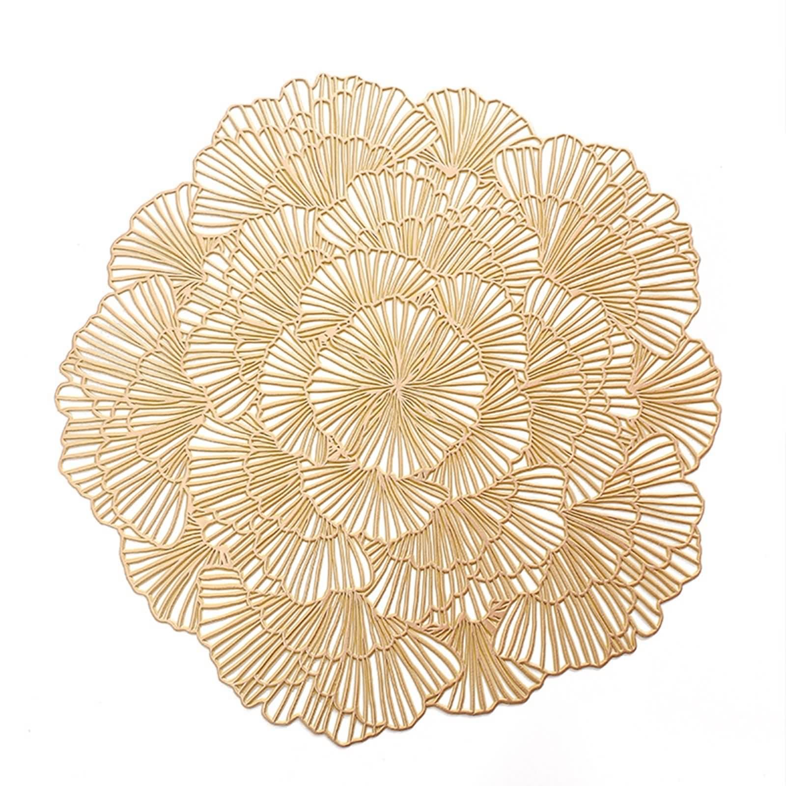 Salvamanteles de desayuno dorado, manteles individuales lavables vintage juego de 8 flores huecos PVC bajoplatos 38 cm