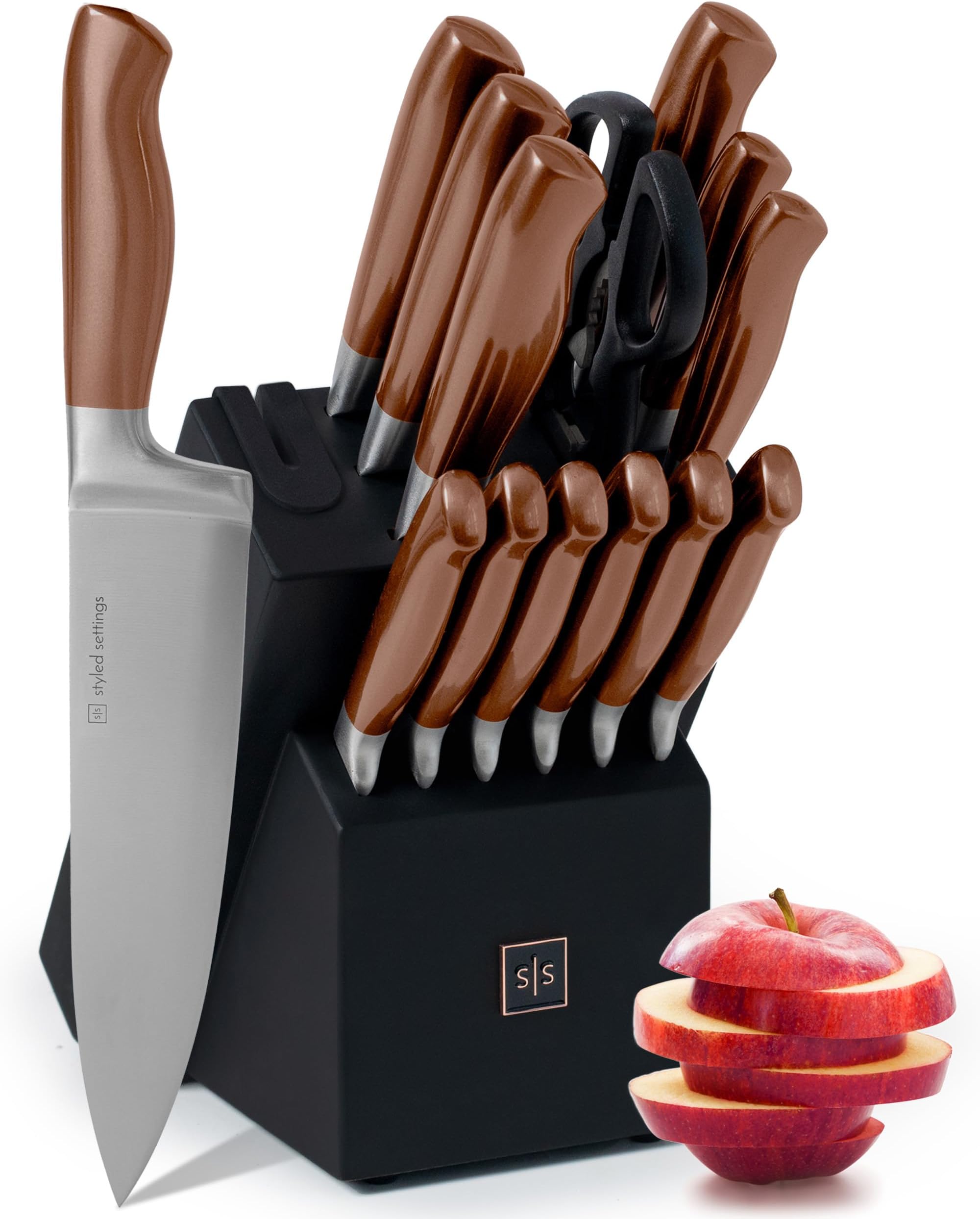 14-Piece Knife Set with Block & Built-In Sharpener – Ultra-Sharp Full Tang Kitchen Knives – Premium Cooking & Prep Essentials, Copper Handle, Silver Blade & Black Block
