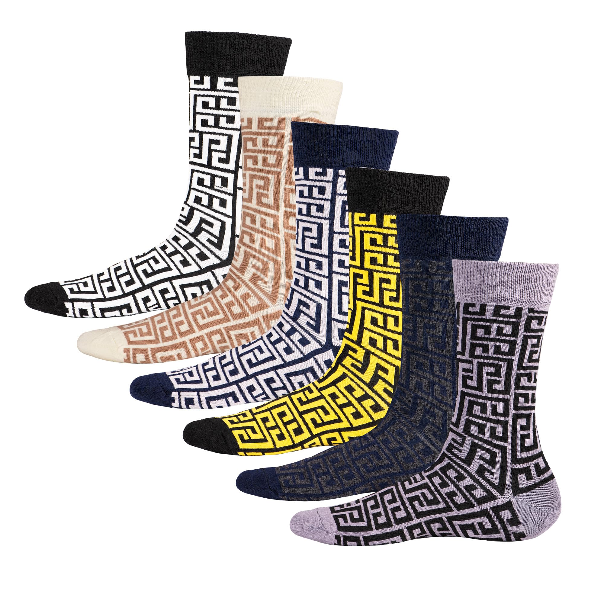 Soxy Men's 6 Pack Greek Key Designs Greek Key Design Socks - 6 Pack Cotton Rich Assorted Colours - Uk Shoe Size 6-11