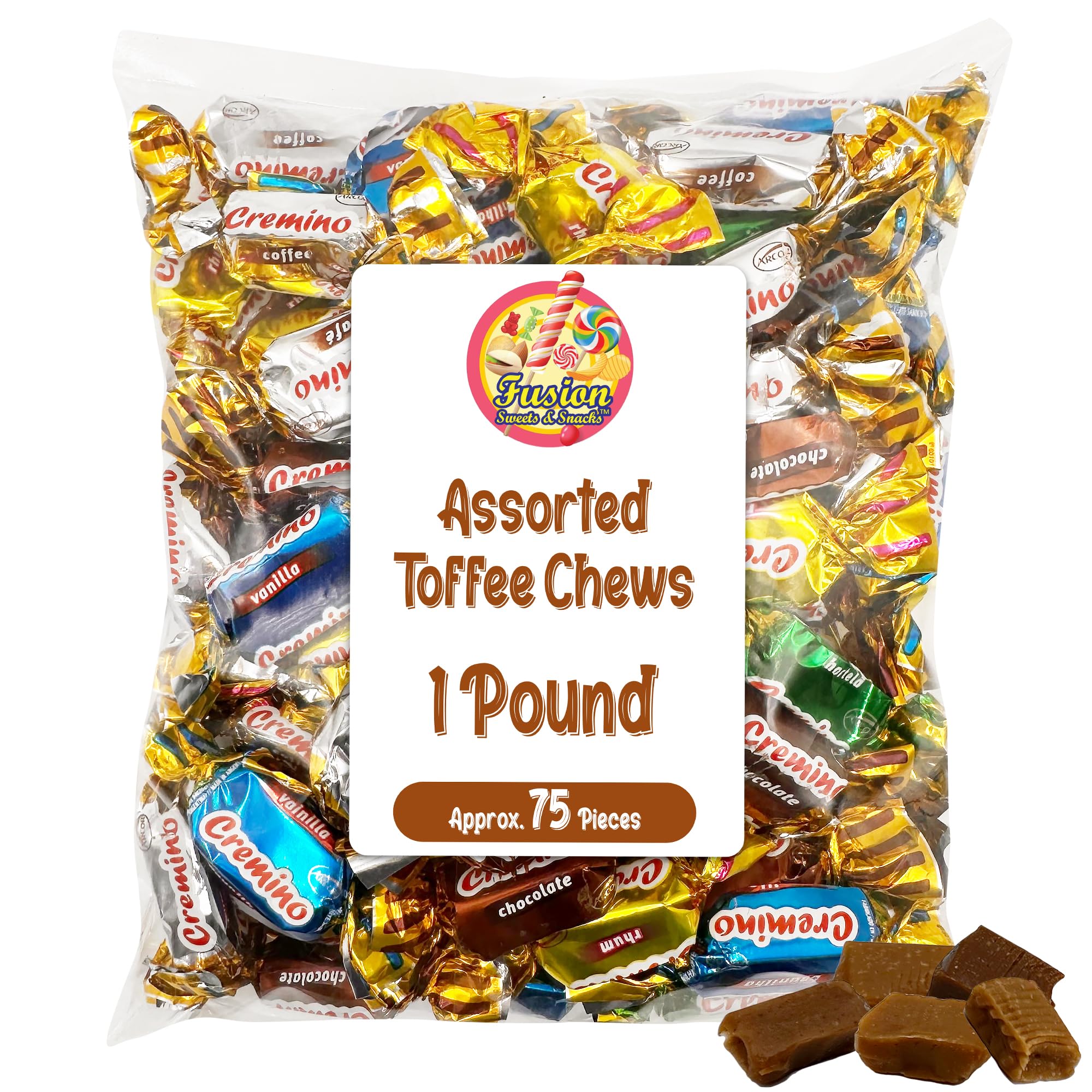 Toffee Candy Assorted - 1 Pound Bulk Chews, Toffee Candy Individually Wrapped - Five Delicious Flavors Vanilla, Chocolate, Coffee, Rum and Mint -