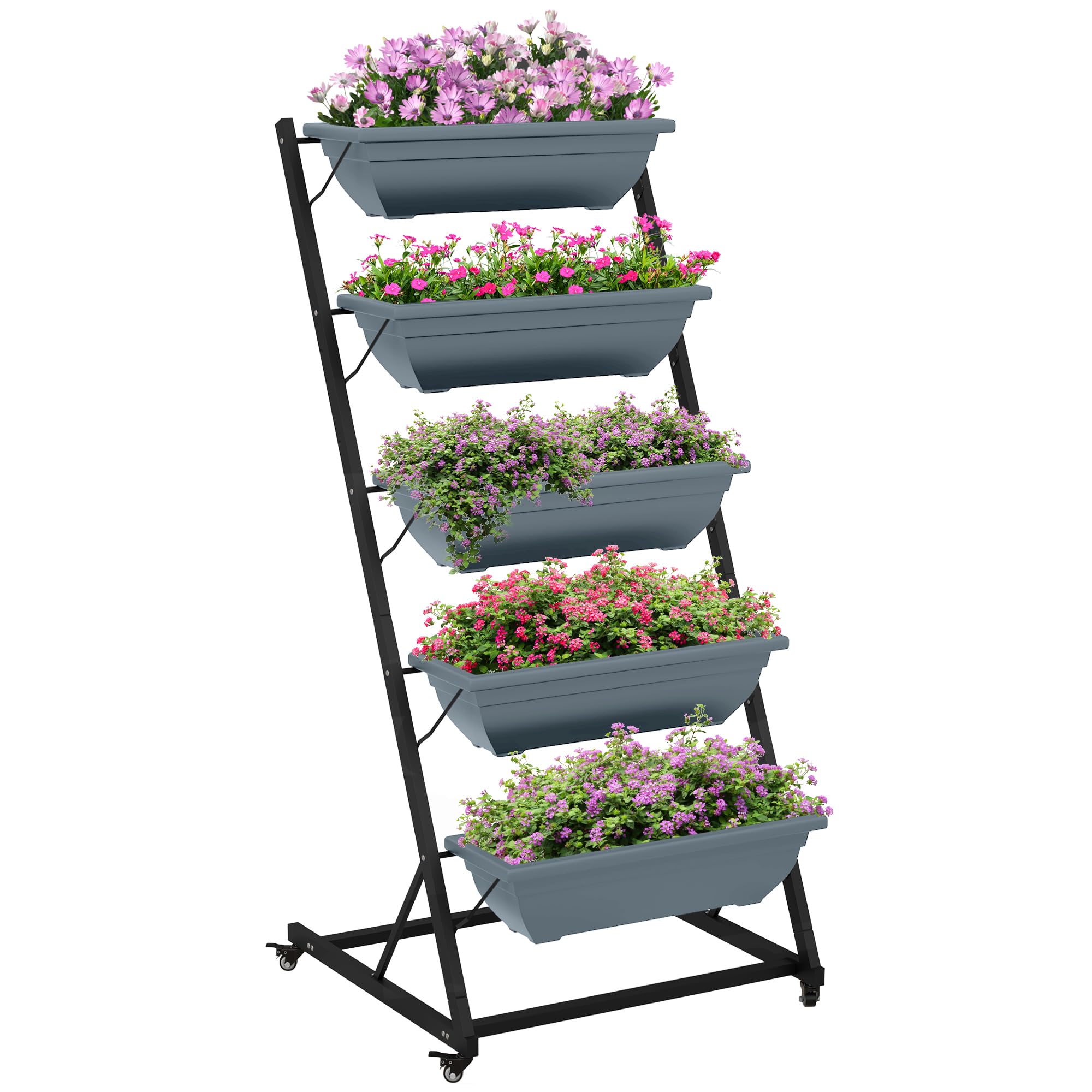 Outsunny 5-Etagen Pflanzenständer, 145 cm hoch Blumenständer mit Rollen Töpfe, Pflanzenregal aus Stahl, mehrstöckig Blumenregal, Blumentreppe Blumentopfständer für Garten Balkon, Grau