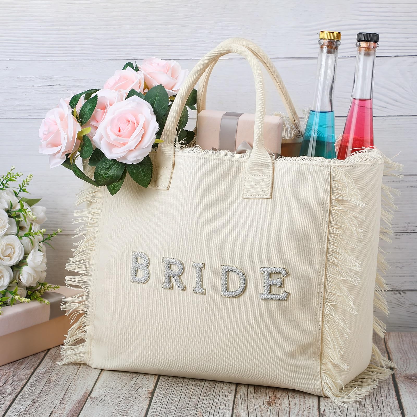 Huhumy Bridal Tote Bag Large Bride Shower Wedding Gift Pearl Rhinestone Honeymoon Beach Tote Bag for Engagement Bachelorette(Bride)