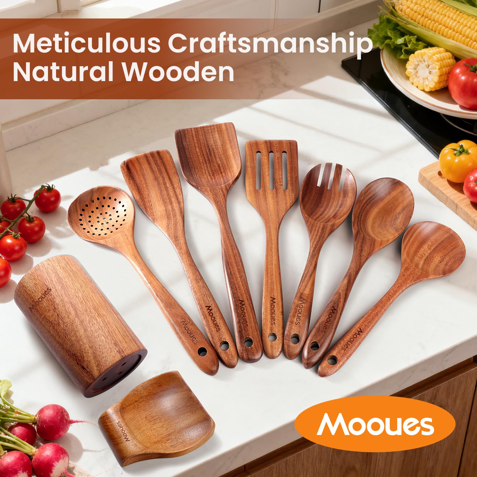 Ustensiles de Cuisine en Bois de Teck 9 Pièces, Ensemble Premium avec Cuillères, Spatule et Support, Naturels, Résistants à la Chaleur et Anti-Rayures, Facile à Nettoyer pour Cuisine Quotidienne (9)