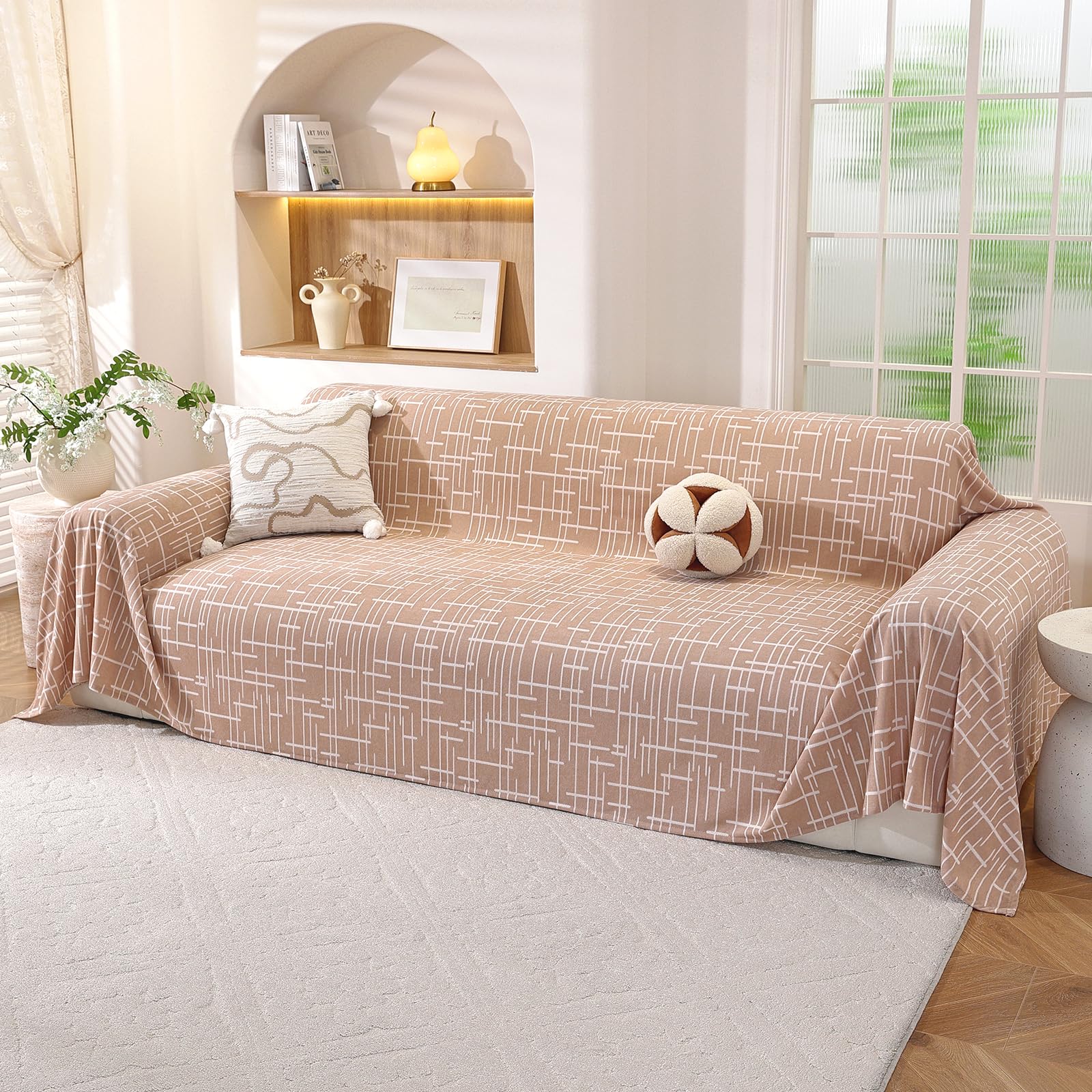 YSTELLAA Copridivano 4 Posti, 200x380 CM, Telo Copridivano Universale Decorativo, Copri Divano Con Braccioli, Copridivani Arredamento Protector, Copritutto Antimacchia Telo Divano, Cammello