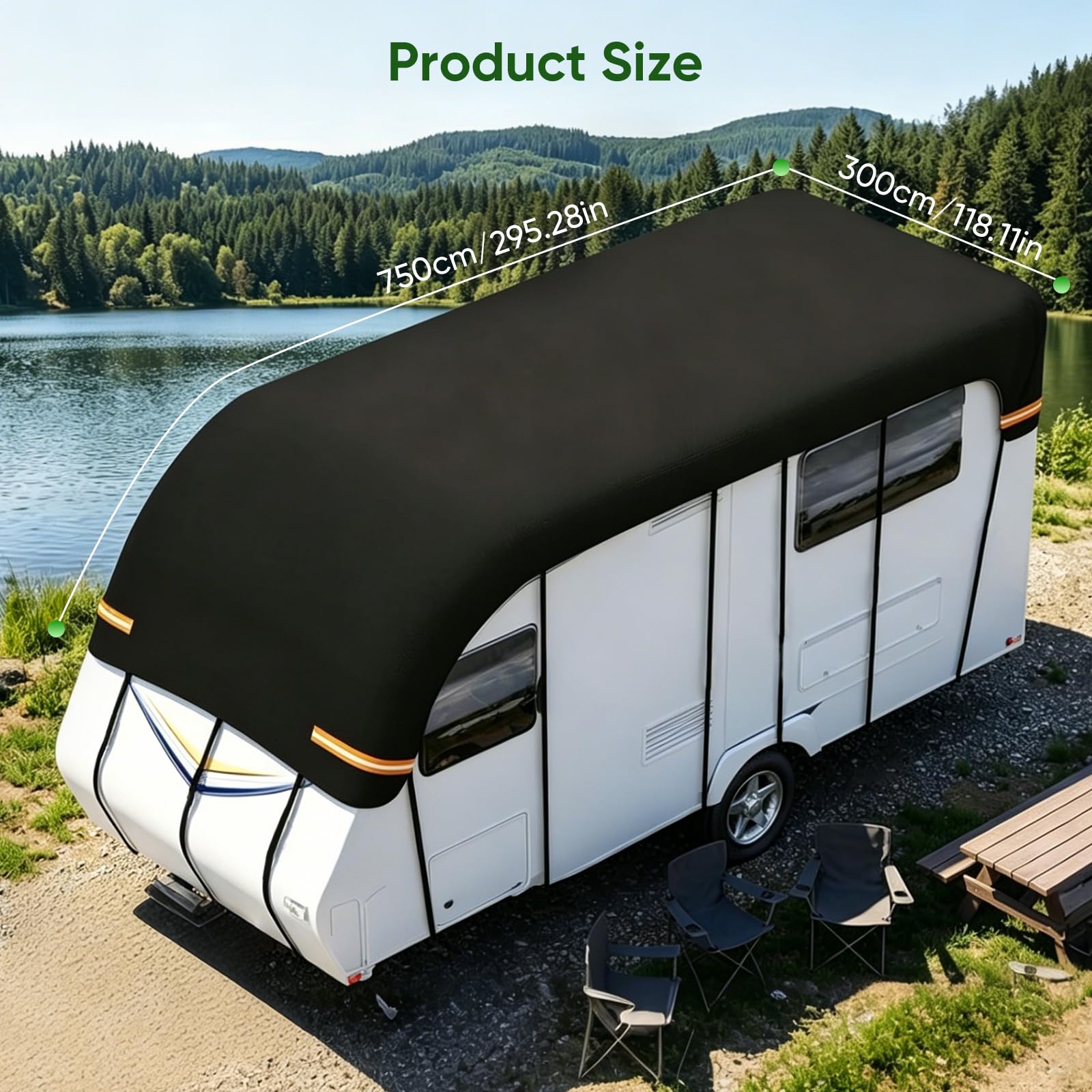 Telo di copertura per roulotte, 7,5 x 3 m, in tessuto Oxford 210D, impermeabile, protezione UV, per camper con 16 cinghie regolabili e strisce riflettenti, per campeggio e attività all'aperto