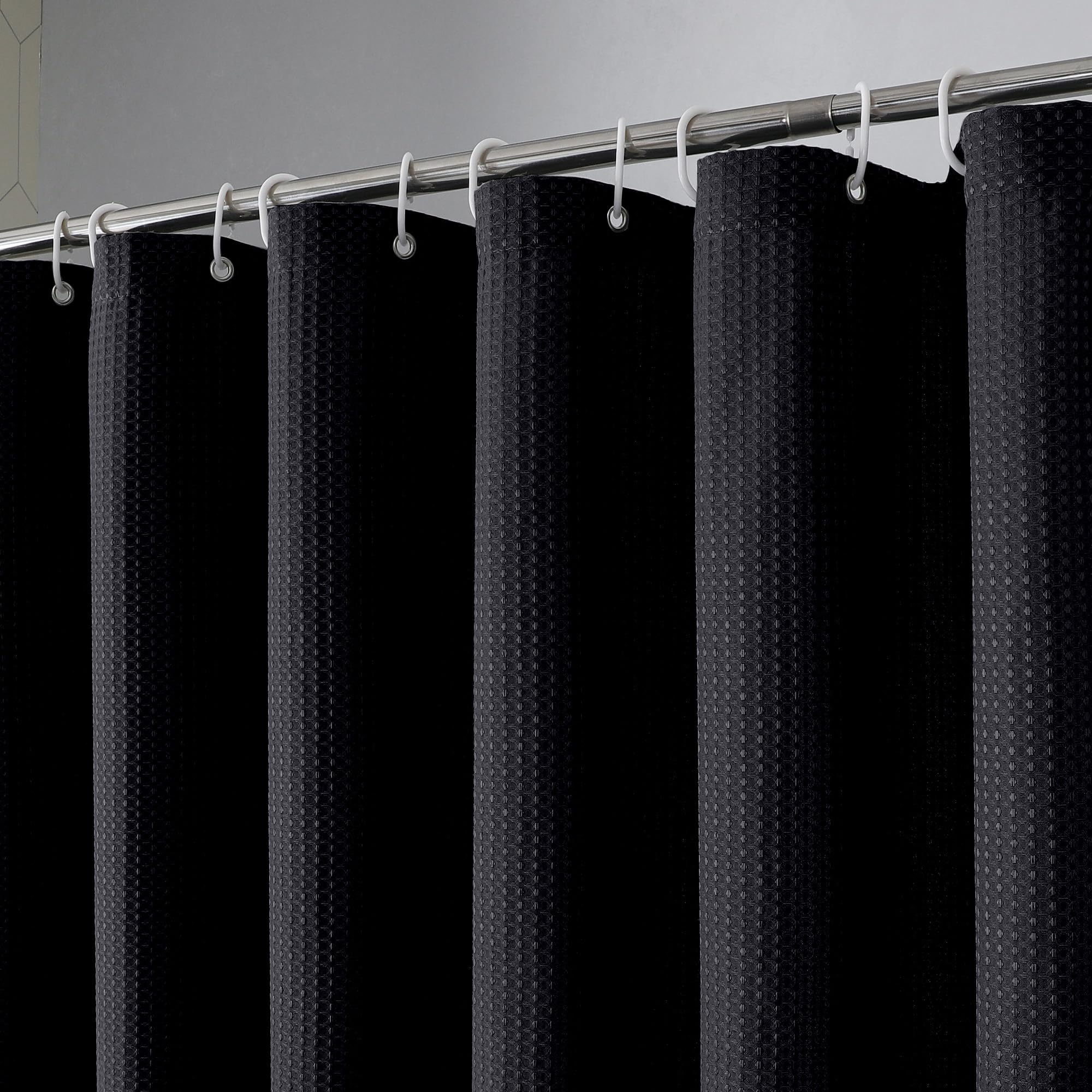 OVZME Black Shower Curtain Set, Waffle Textured Heavy Duty Fabric Shower Curtain for Bathroom, Luxury Hotel Weighted 230GSM Bath Curtain with 12