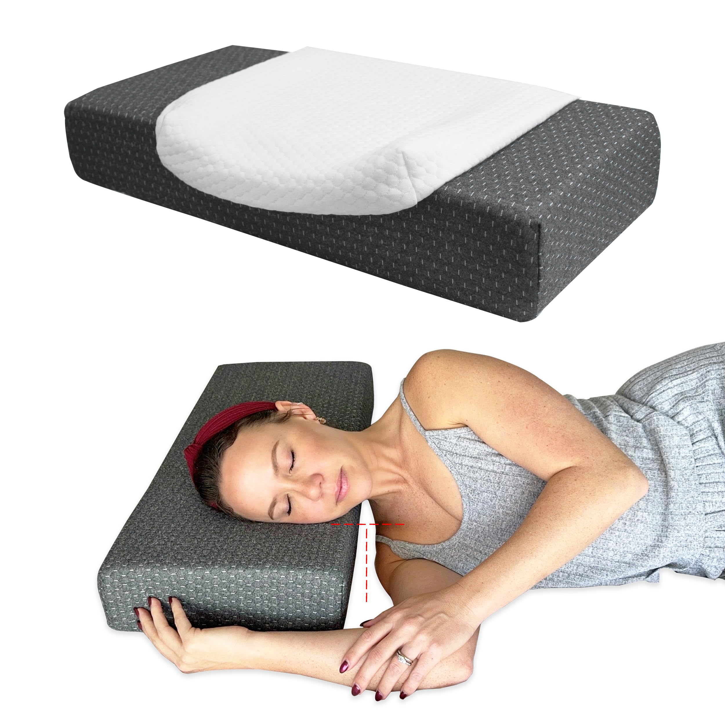 Memory Foam Cube Pillow for Side Sleepers - 24x12x4in Gray with Extra White Cover - Medium Firm Pillow for Neck and Shoulder Pain