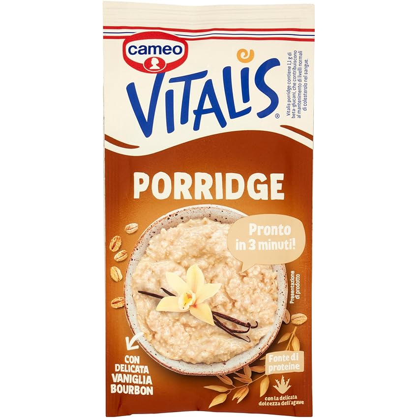 Cameo Vitalis Porridge Gusto Classico con Fiocchi Integrali di Avena e Delicata Vaniglia Bourbon, Preparato Istantaneo, Porridge Pronto in 3 Minuti, Fonte di Proteine, Busta Monoporzione 58 g
