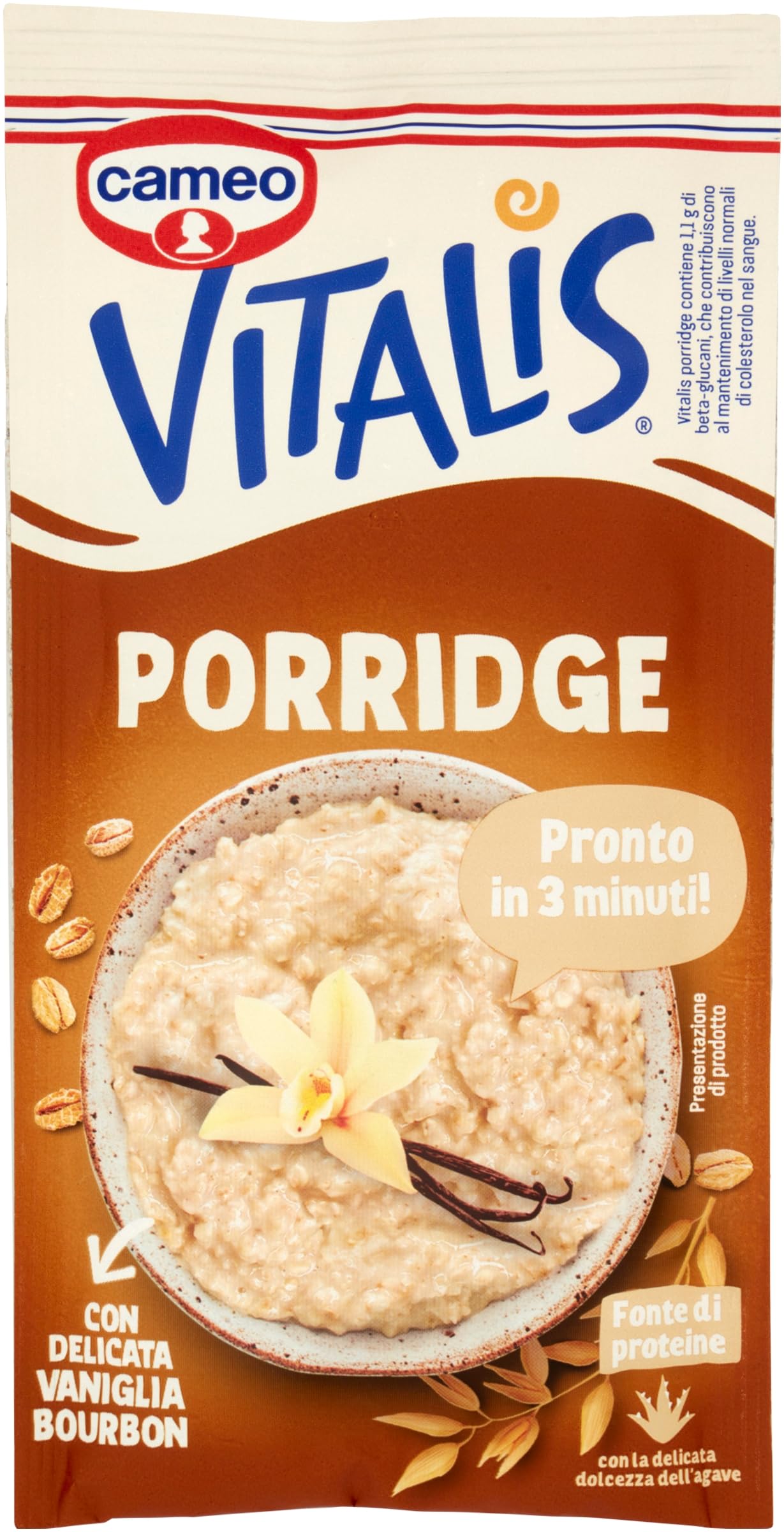 Cameo Vitalis Porridge Gusto Classico con Fiocchi Integrali di Avena e Delicata Vaniglia Bourbon, Preparato Istantaneo, Porridge Pronto in 3 Minuti, Fonte di Proteine, Busta Monoporzione 58 g