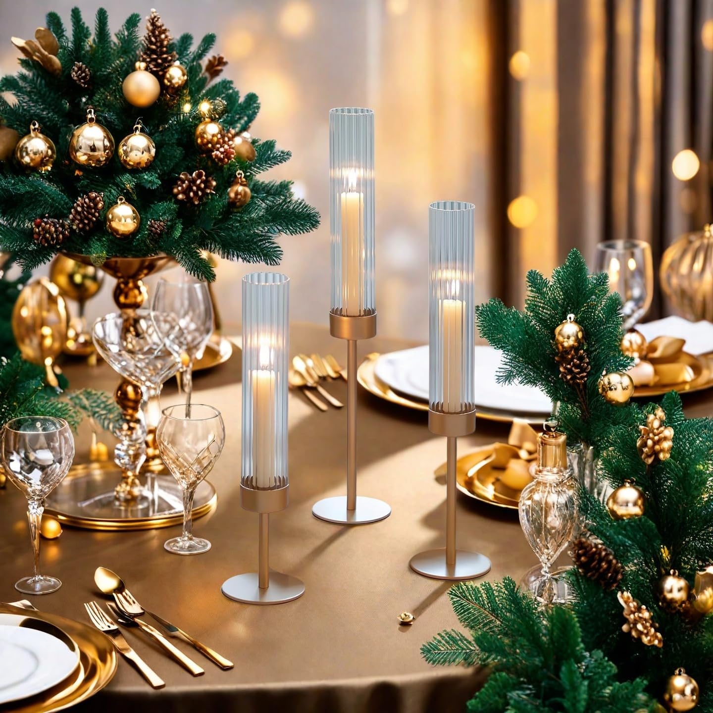 Gold Hurricane Candle Holders Set of 3 - Tall Glass Candlestick Holders for Taper Candles, Elegant Centerpieces for Tables, Wedding, Dining Room and Party Decor