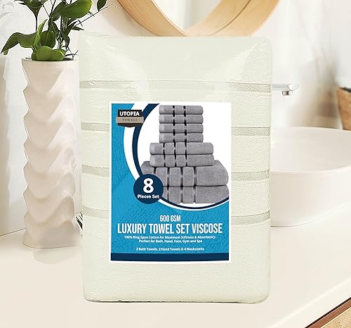 Miniatura 8 de Utopia Towels - Juego de 8 toallas de baño con rayas de viscosa de algodón hilado en anillo de17.70 ozyd, toallas altamente absorbentes, juego de 8