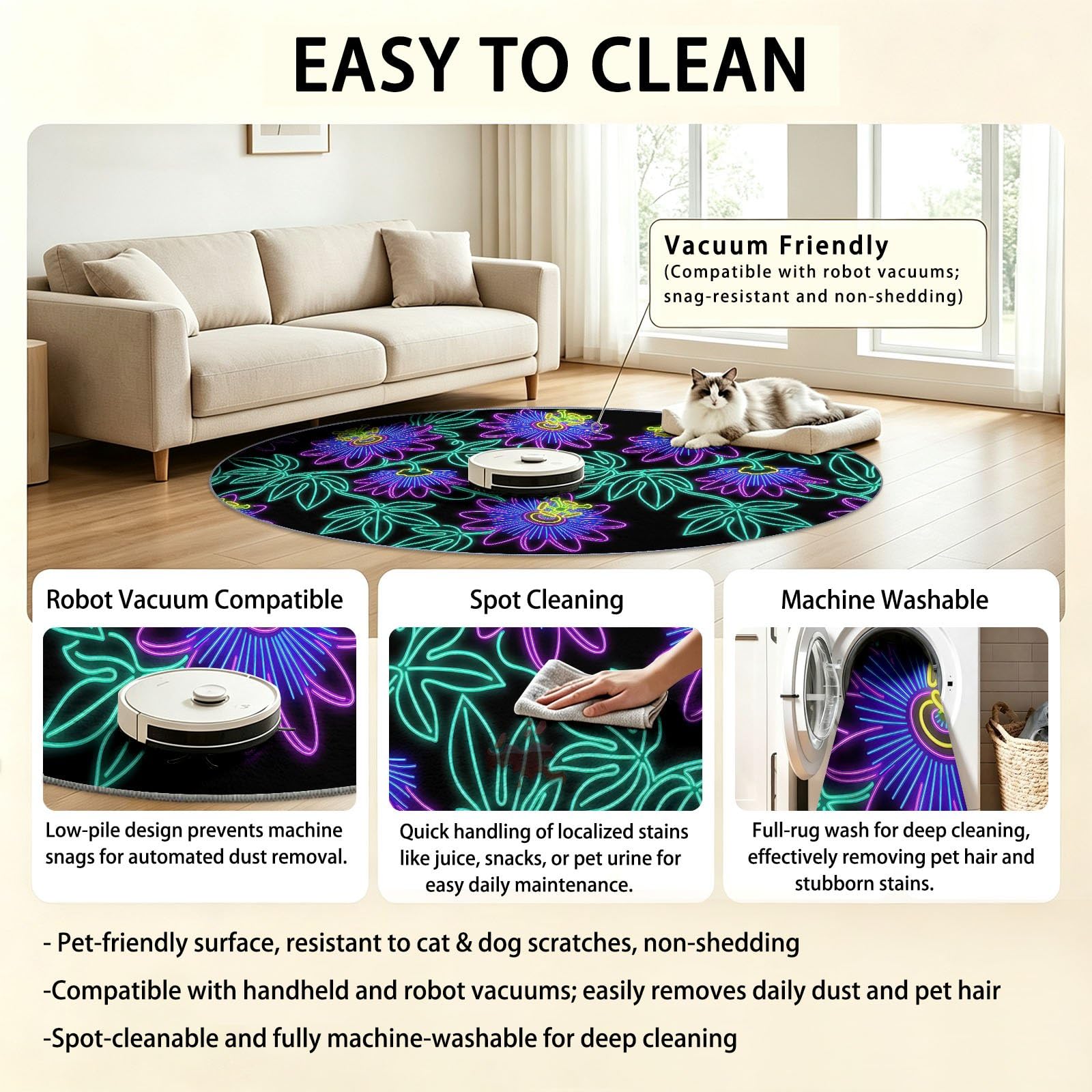 Tapis Rond Moderne Tropical 120 cm, Fleurs Feuilles Passiflore Néon Lavable en Machine pour Salon, Noir Multicolore Antidérapant, Poil Court Tapis Rond Imprimé pour Chambre d’Enfant Nurserie