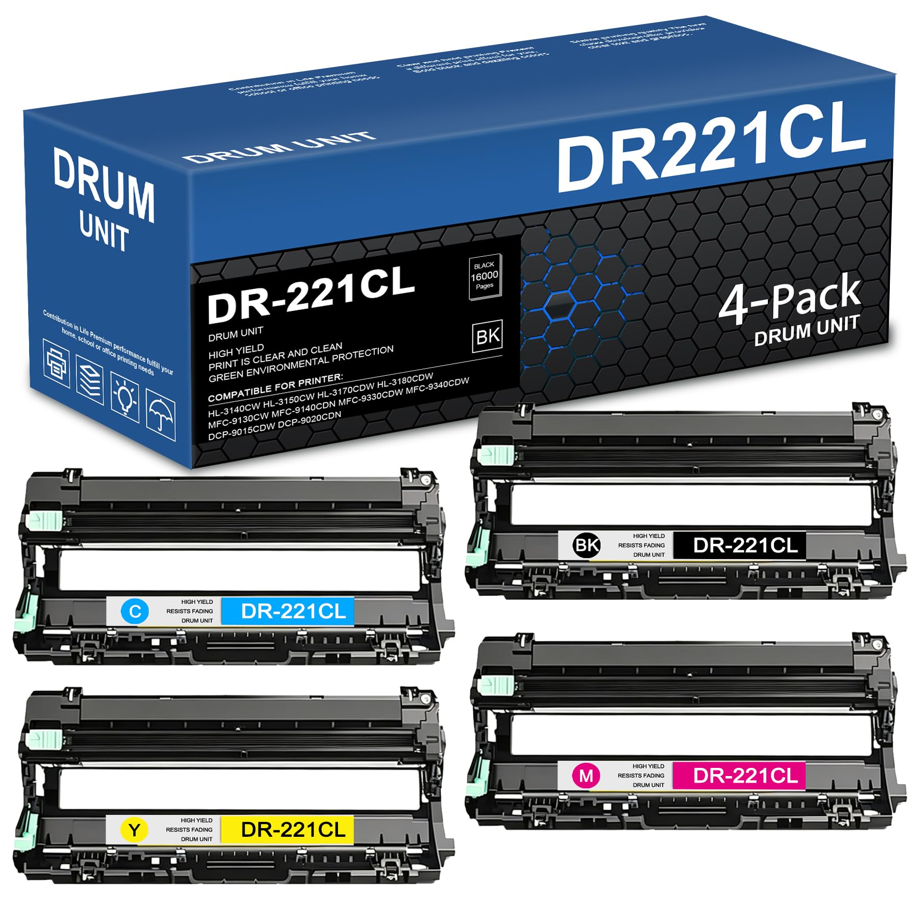 Lot de 4 tambours de rechange pour Brother DR 221CL DR221CL DR221