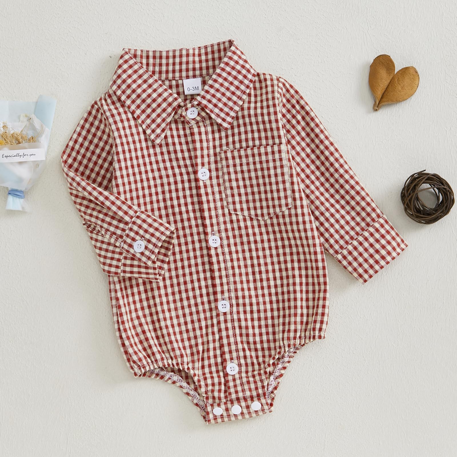 Baby Plaid Romper Boys Girls Button Down Bodysuit Long Sleeve Lapel Neck Tops Fall Winter Festival Clothes (Red, 3-6 Months)