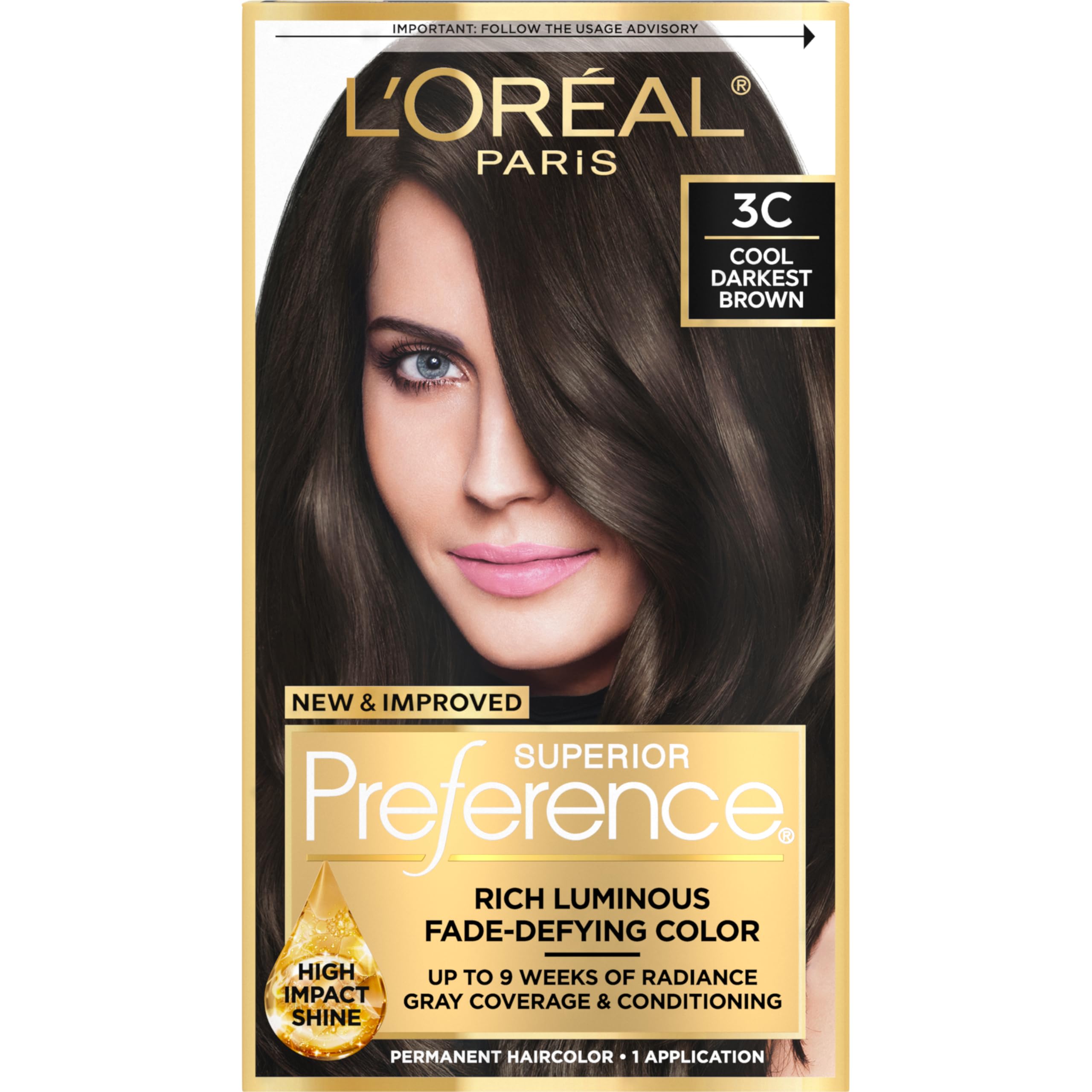 L'Oreal Paris Superior Preference Luminous Fade-Defying Permanent Hair Color, Hair Dye For Up to 9 Weeks of Radiance, Cool Darkest Brown 3C, 1 Hair Dye Kit